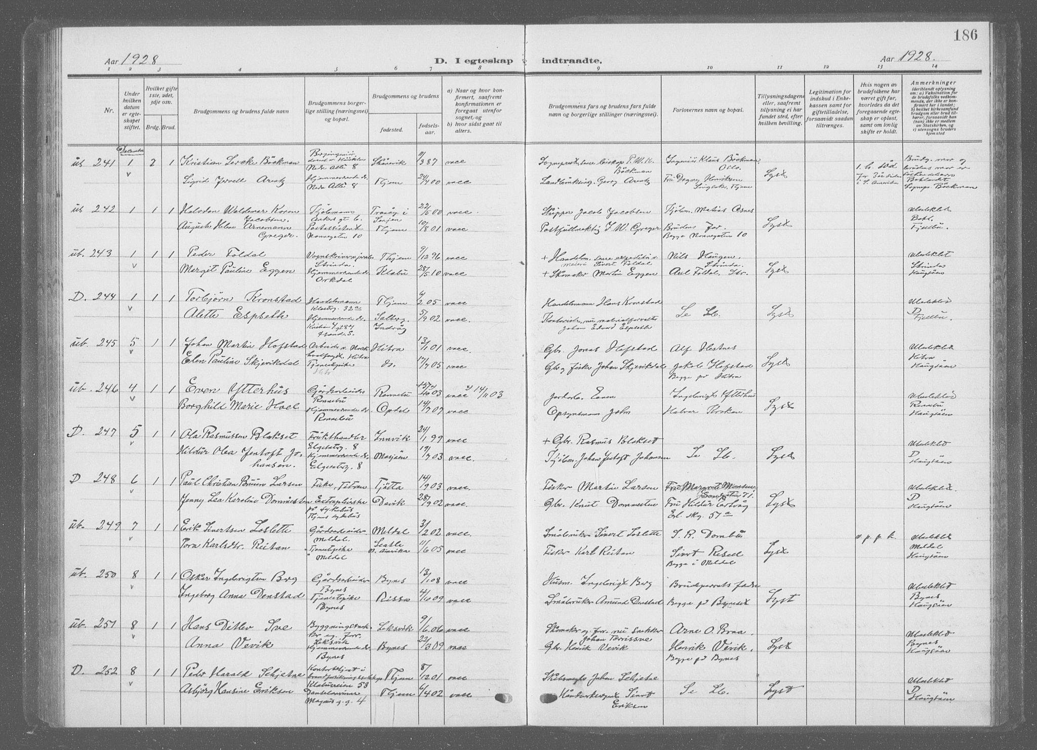 Ministerialprotokoller, klokkerbøker og fødselsregistre - Sør-Trøndelag, AV/SAT-A-1456/601/L0098: Parish register (copy) no. 601C16, 1921-1934, p. 186