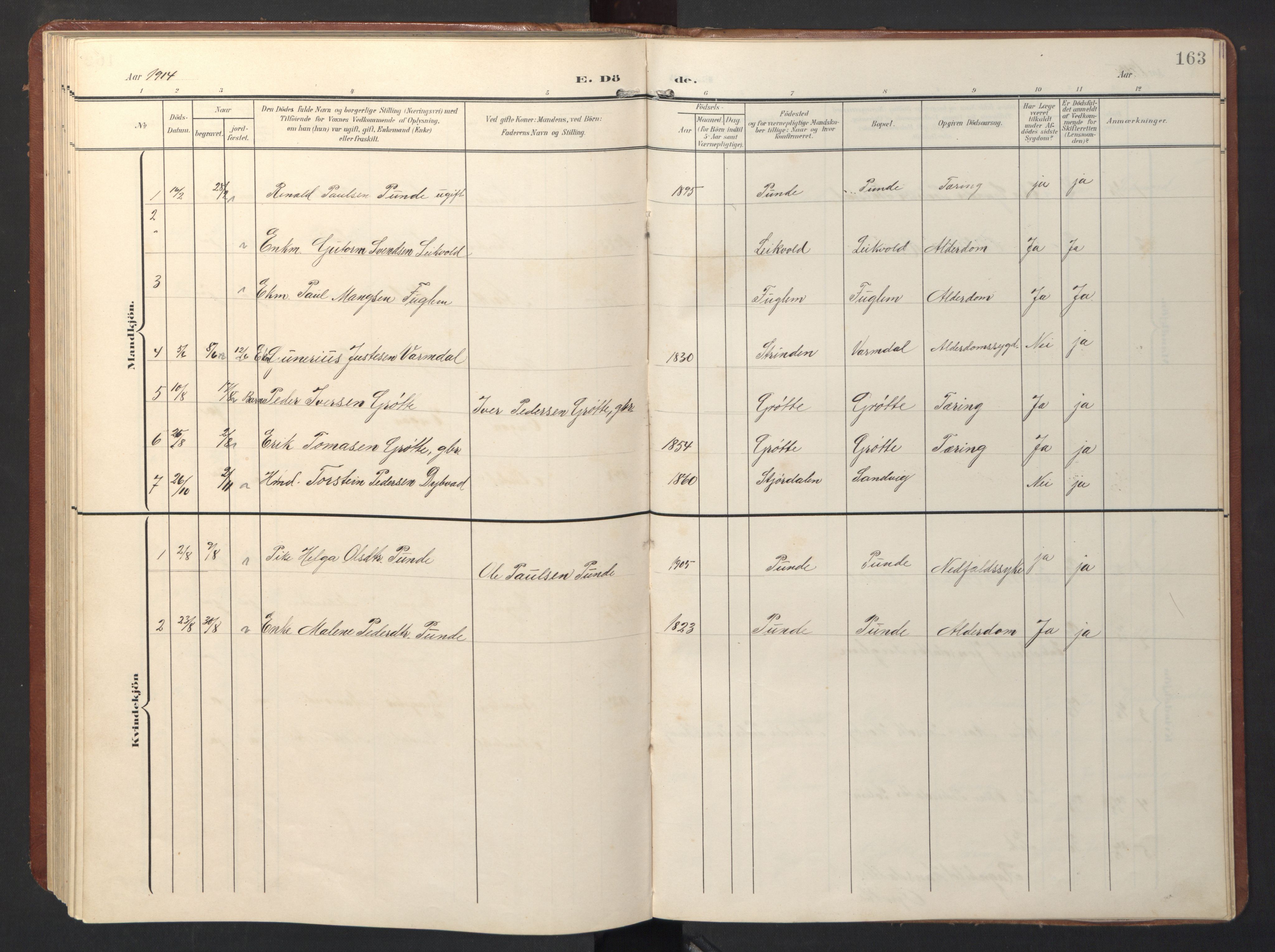 Ministerialprotokoller, klokkerbøker og fødselsregistre - Sør-Trøndelag, SAT/A-1456/696/L1161: Parish register (copy) no. 696C01, 1902-1950, p. 163