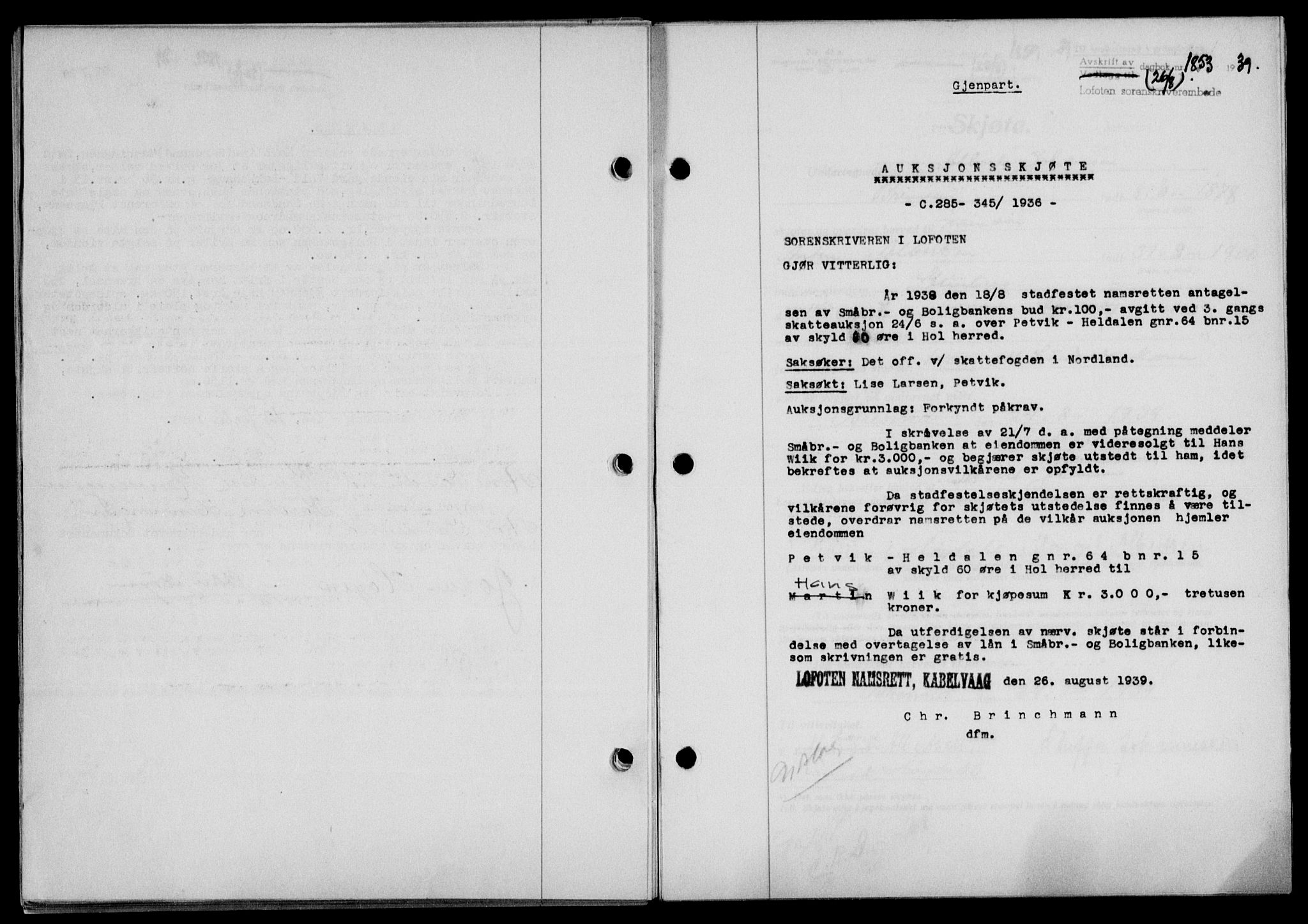 Lofoten sorenskriveri, SAT/A-0017/1/2/2C/L0006a: Mortgage book no. 6a, 1939-1939, Diary no: : 1853/1939