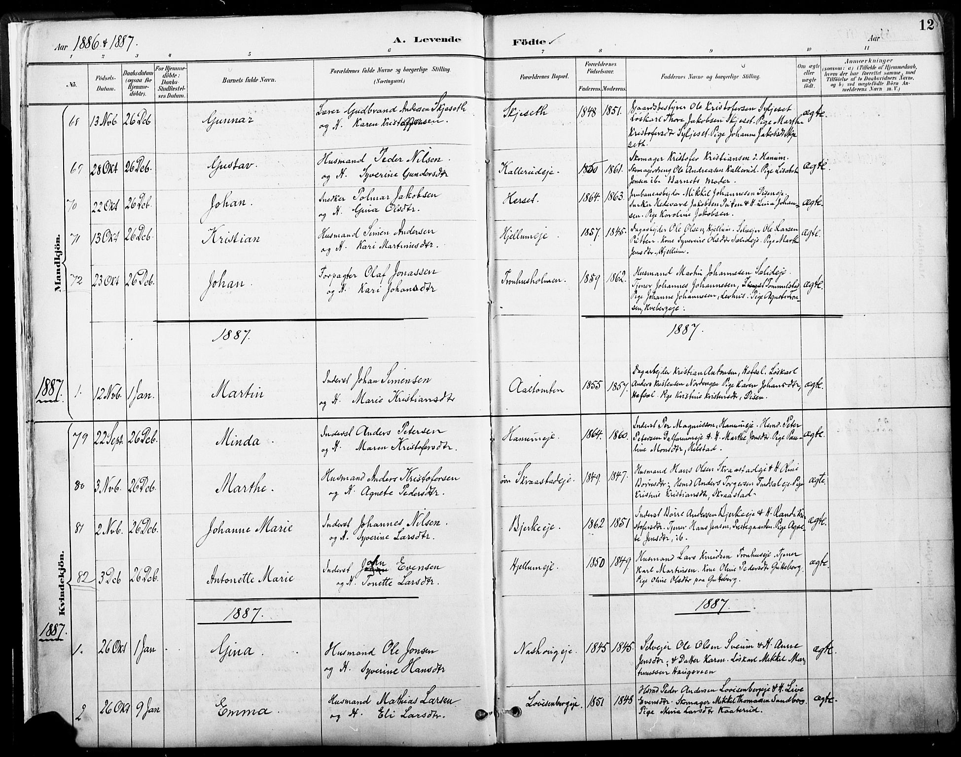 Vang prestekontor, Hedmark, SAH/PREST-008/H/Ha/Haa/L0019A: Parish register (official) no. 19, 1886-1900, p. 12
