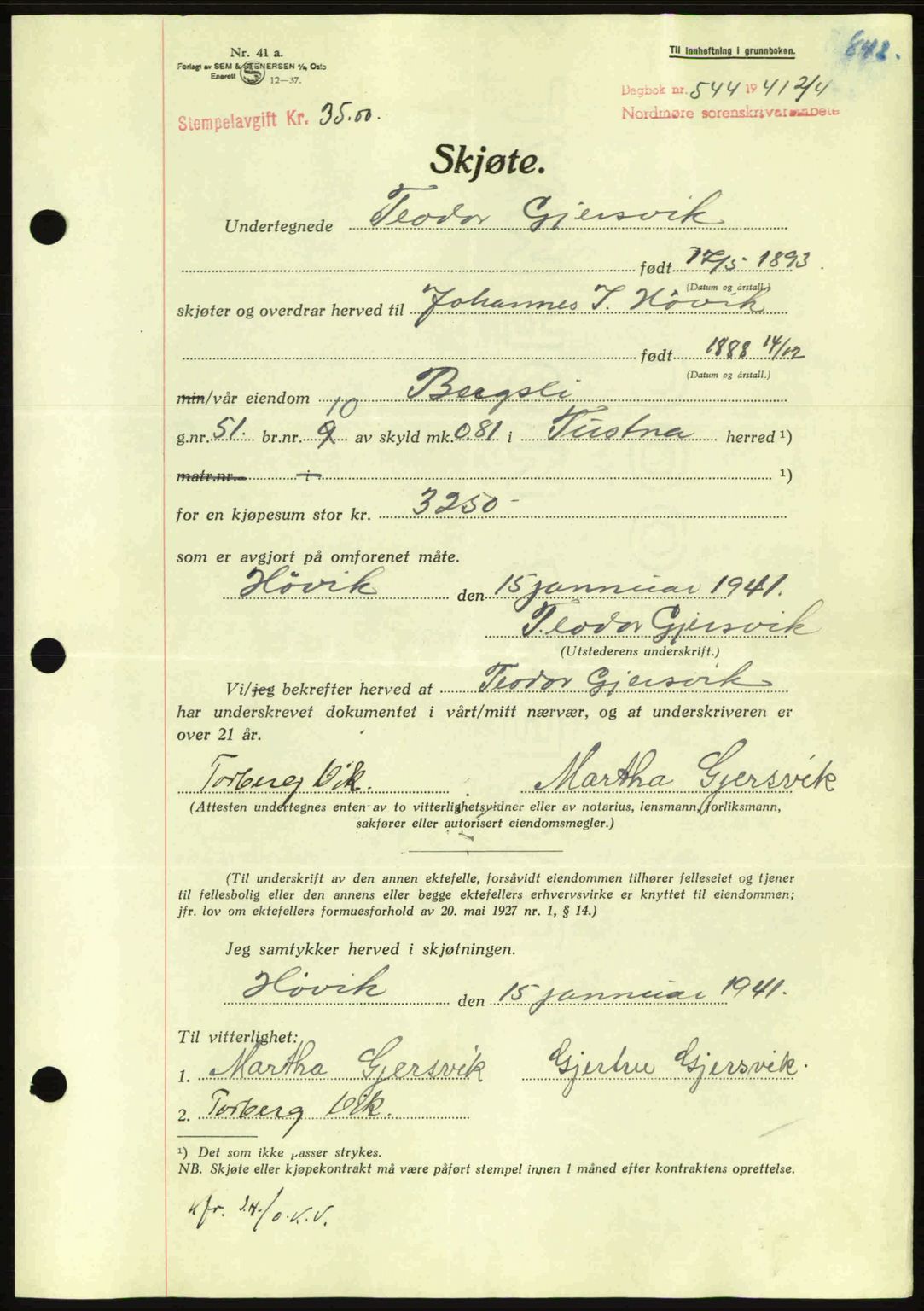Nordmøre sorenskriveri, SAT/A-4132/1/2/2Ca: Mortgage book no. A89, 1940-1941, Diary no: : 544/1941