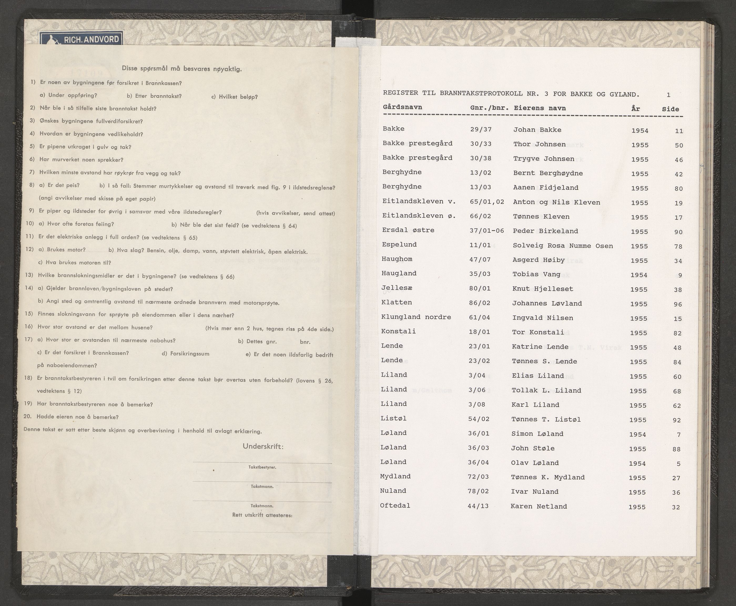 Norges Brannkasse Bakke og Gyland, AV/SAK-2241-0003/F/Fa/L0004: Branntakstprotokoll nr. 3 med gårdsnavnregister, 1954-1955