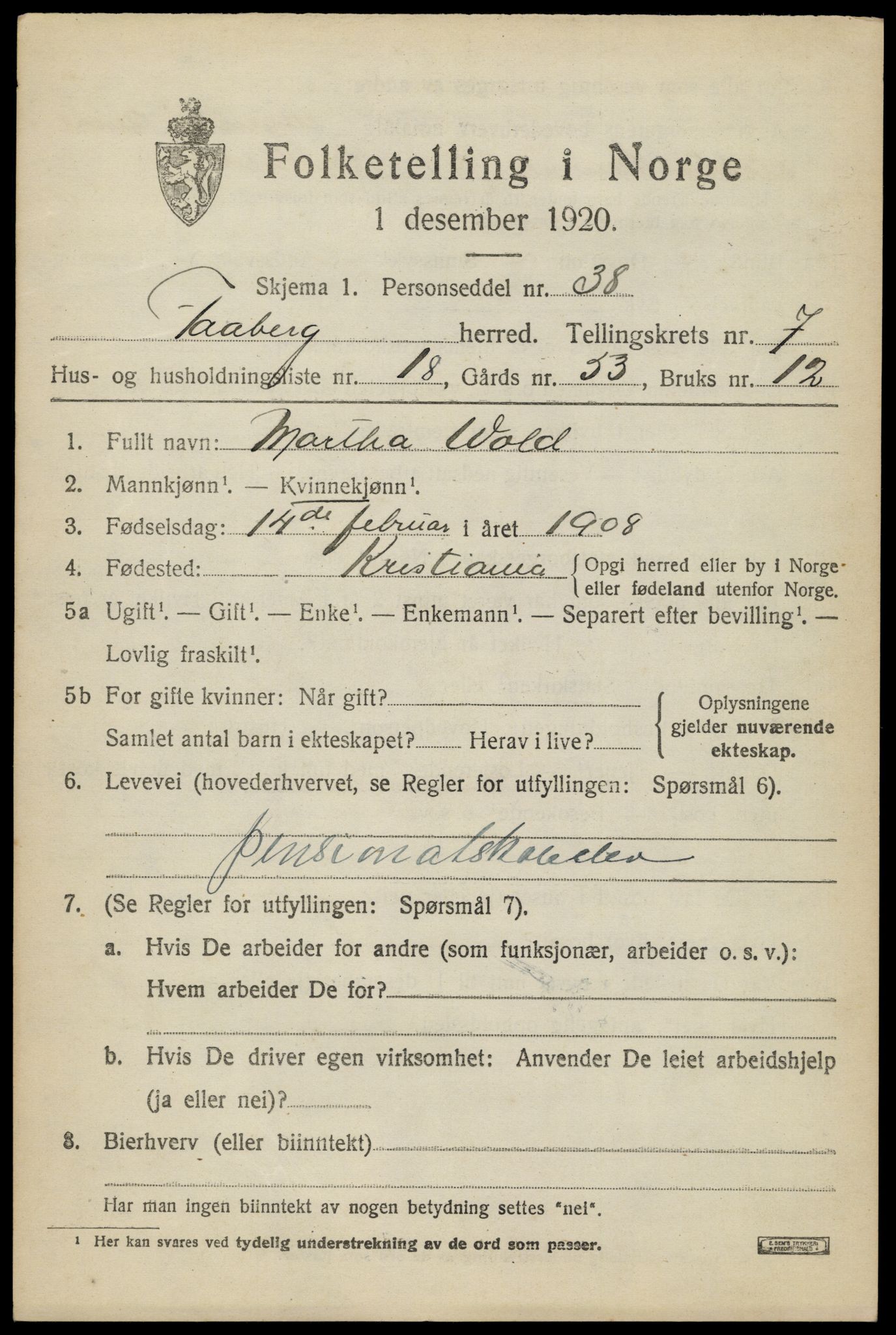 SAH, 1920 census for Fåberg, 1920, p. 8144