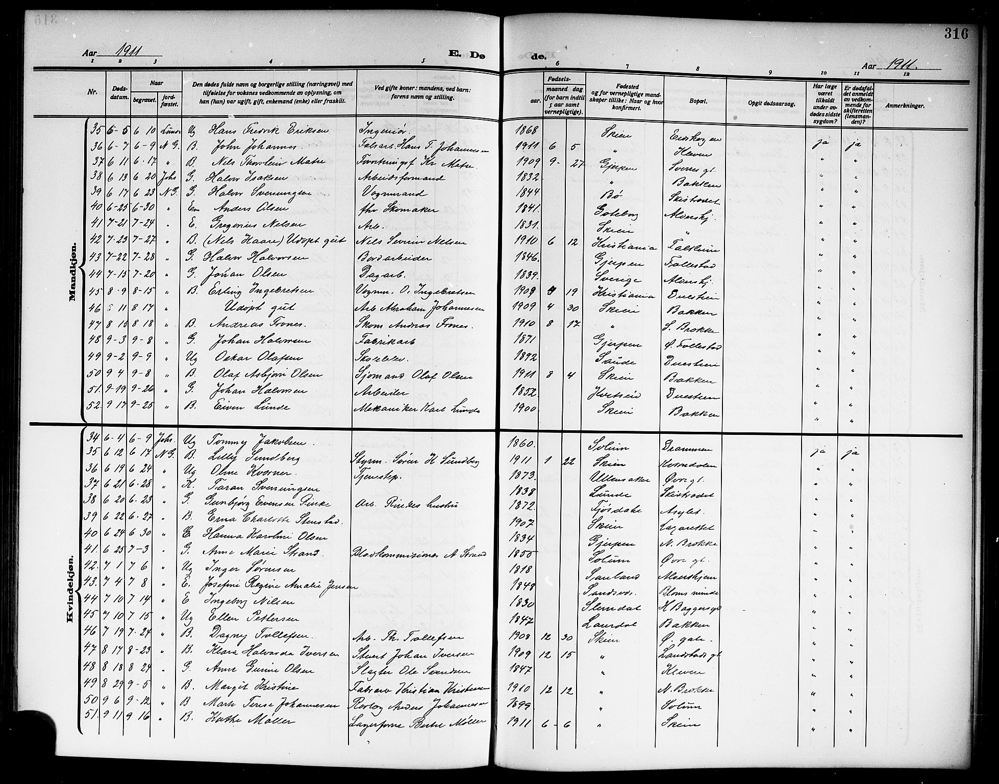 Skien kirkebøker, AV/SAKO-A-302/G/Ga/L0009: Parish register (copy) no. 9, 1910-1920, p. 316