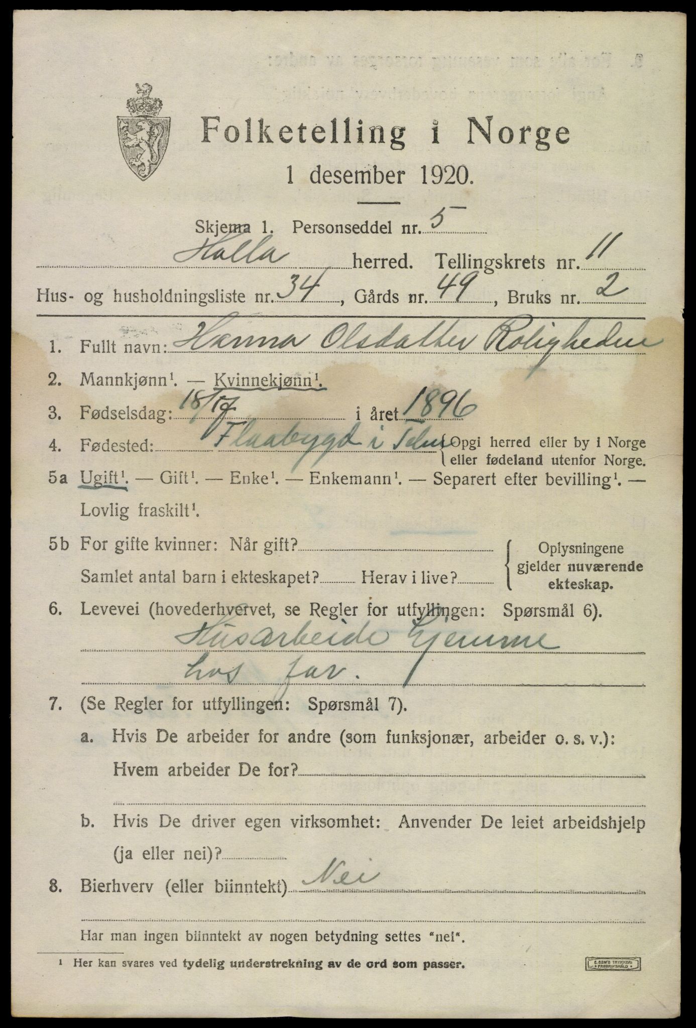 SAKO, 1920 census for Holla, 1920, p. 7433