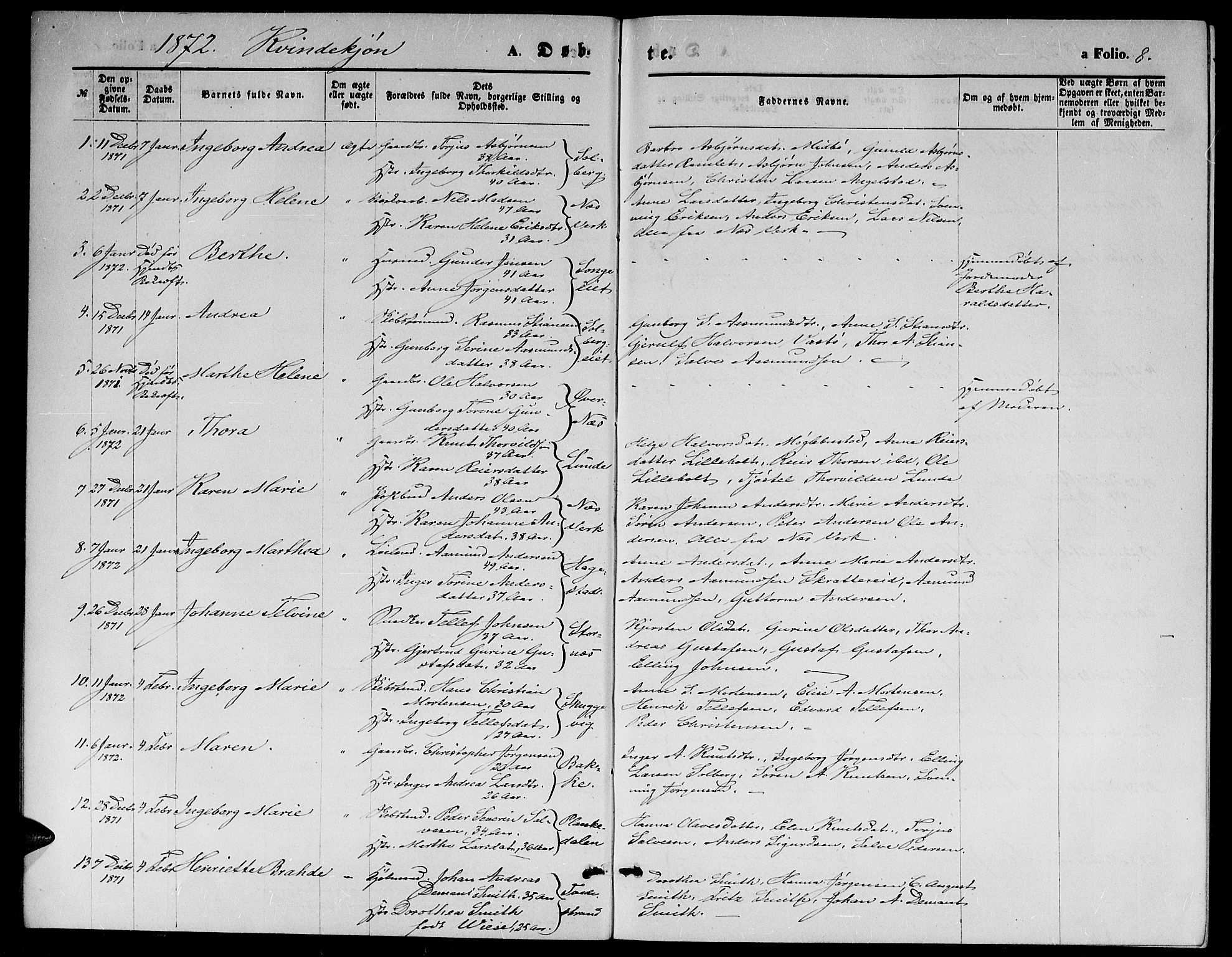 Holt sokneprestkontor, AV/SAK-1111-0021/F/Fb/L0009: Parish register (copy) no. B 9, 1871-1883, p. 8