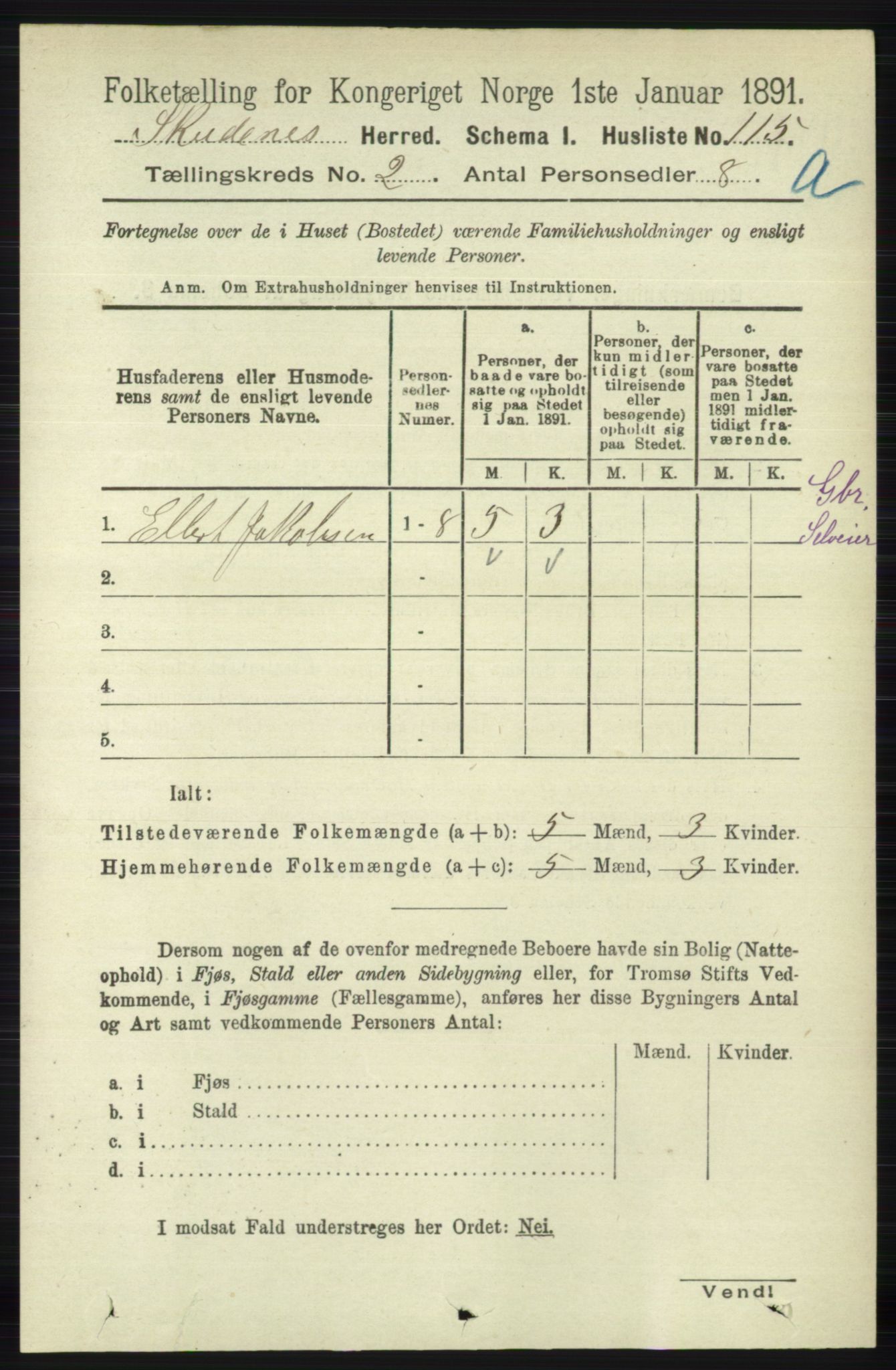 RA, 1891 census for 1150 Skudenes, 1891, p. 674