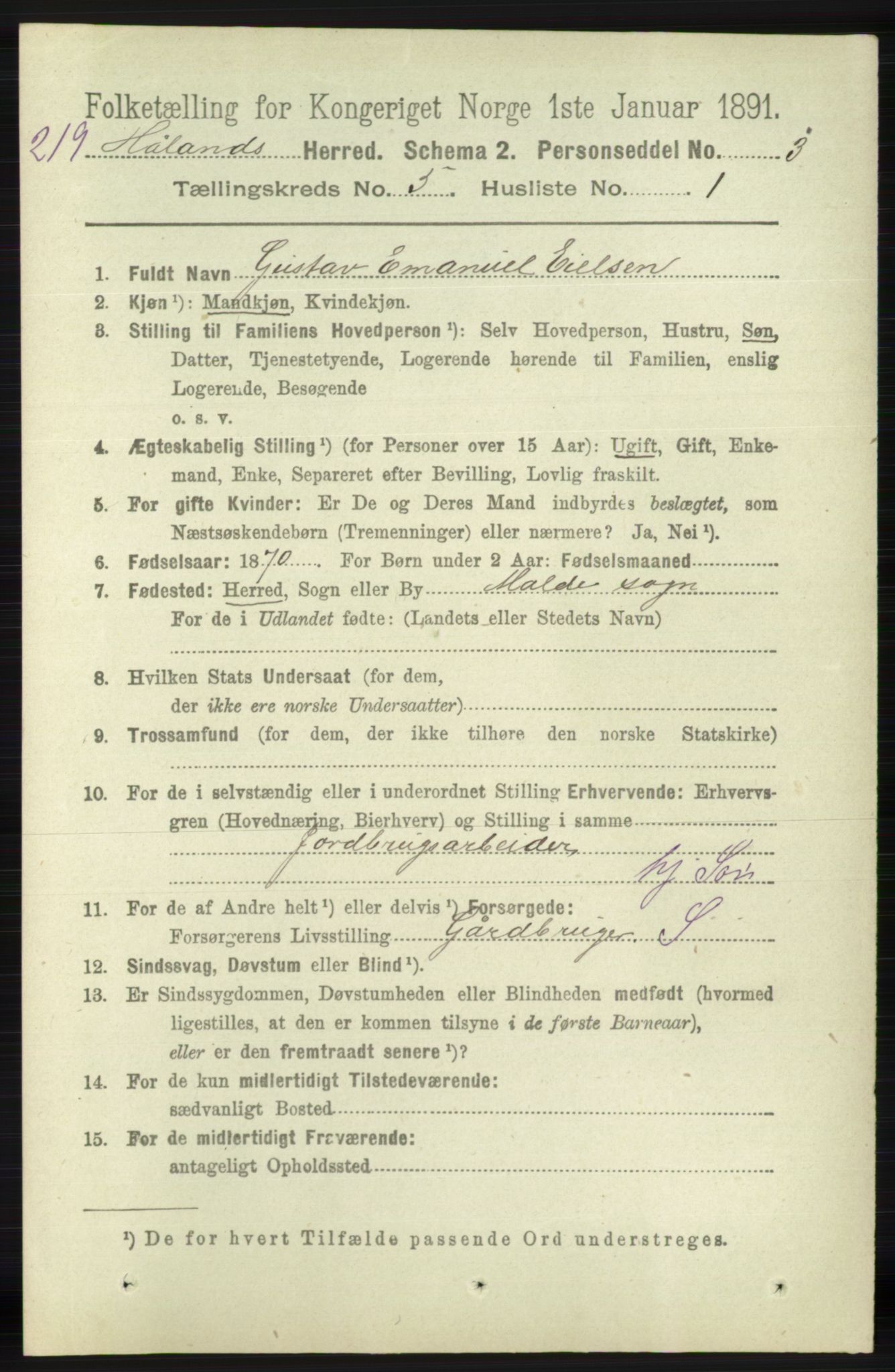 RA, 1891 census for 1124 Haaland, 1891, p. 3301