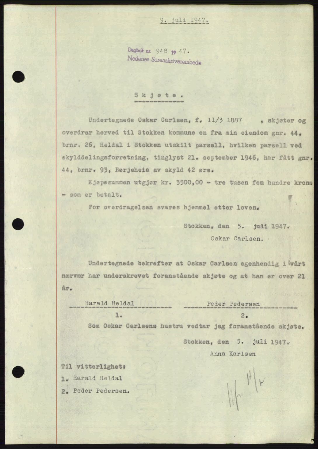 Nedenes sorenskriveri, AV/SAK-1221-0006/G/Gb/Gba/L0057: Mortgage book no. A9, 1947-1947, Diary no: : 948/1947