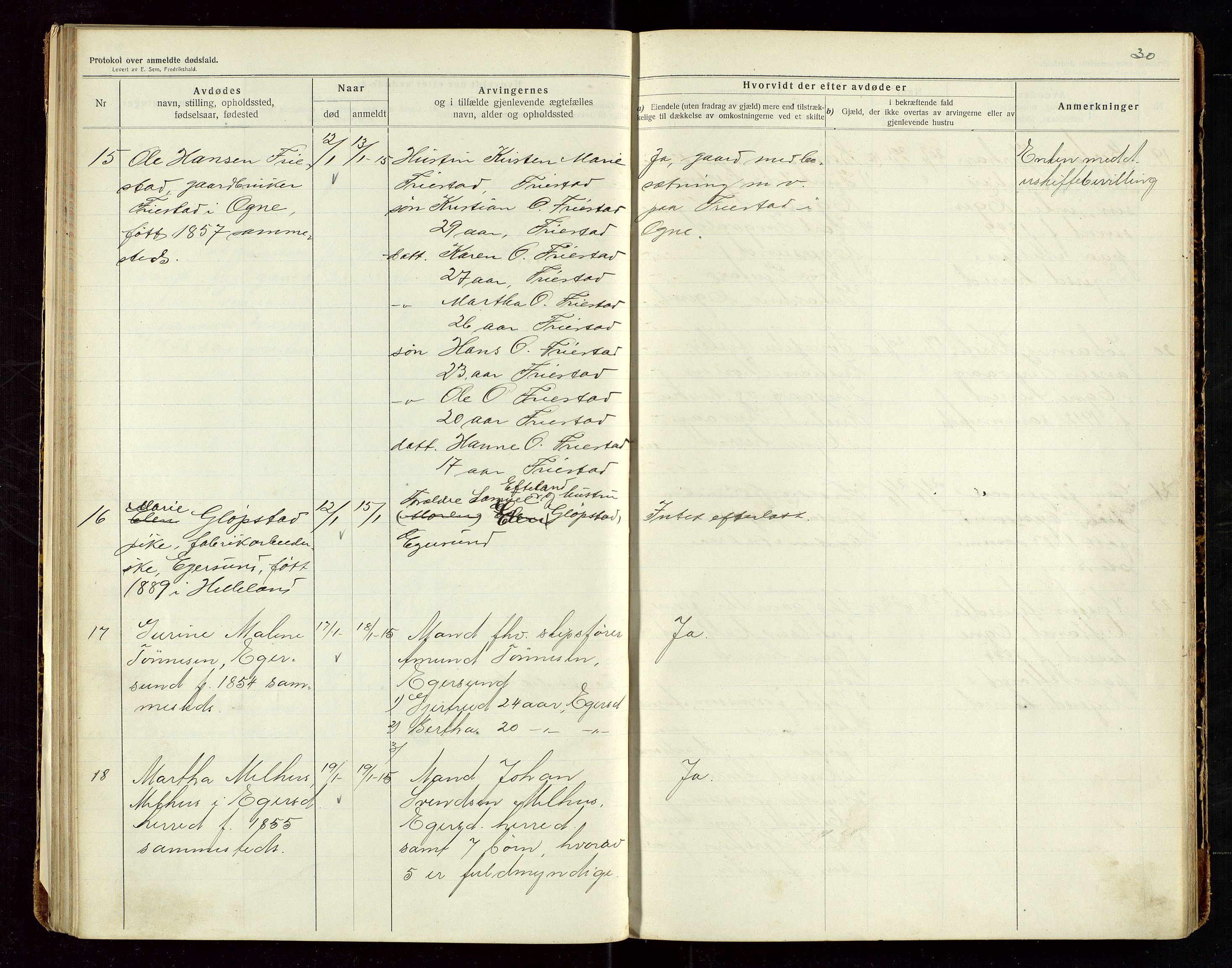 Eigersund lensmannskontor, SAST/A-100171/Gga/L0006: "Protokol over anmeldte dødsfald" m/alfabetisk navneregister, 1914-1917, p. 30