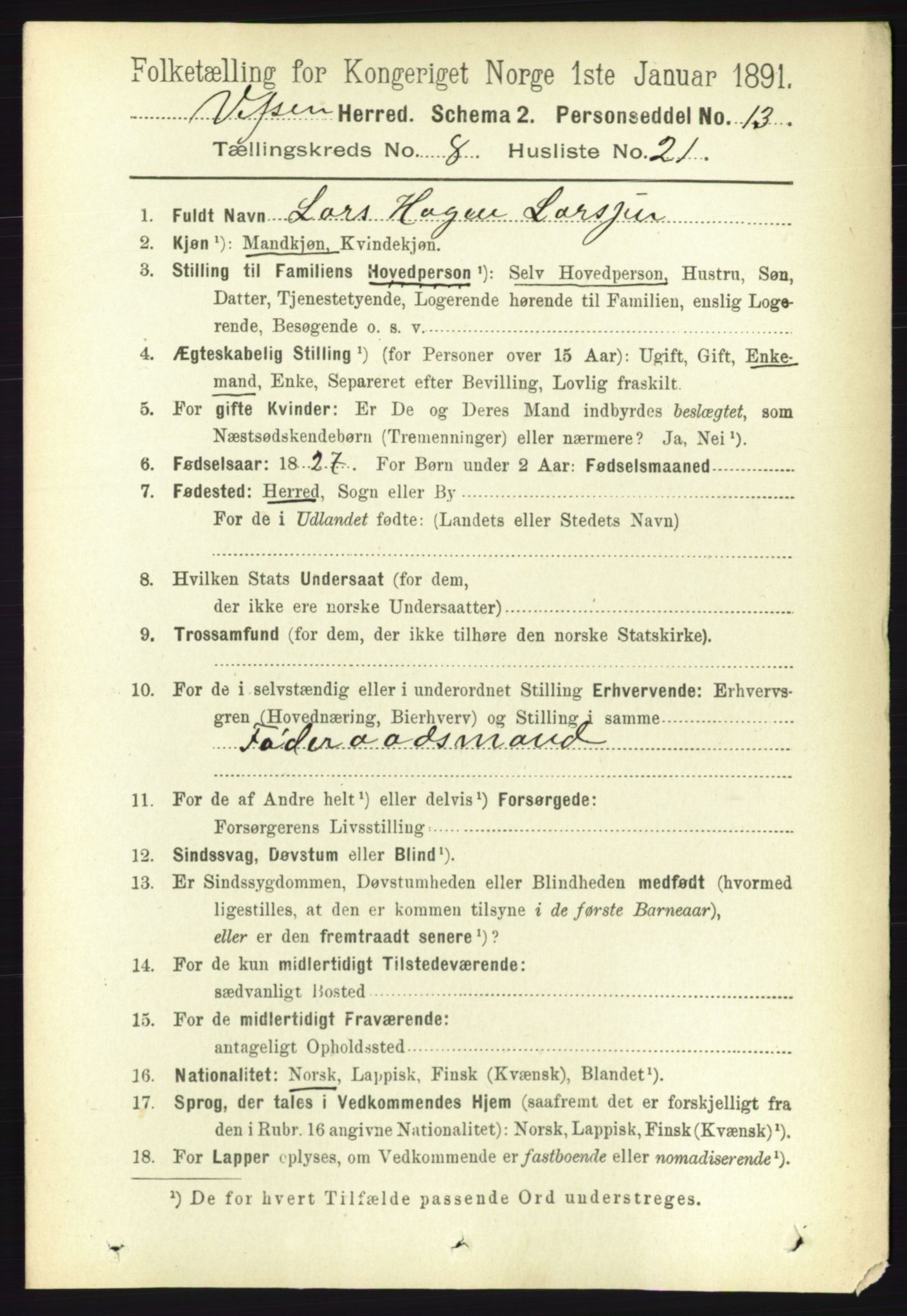 RA, 1891 census for 1824 Vefsn, 1891, p. 4388