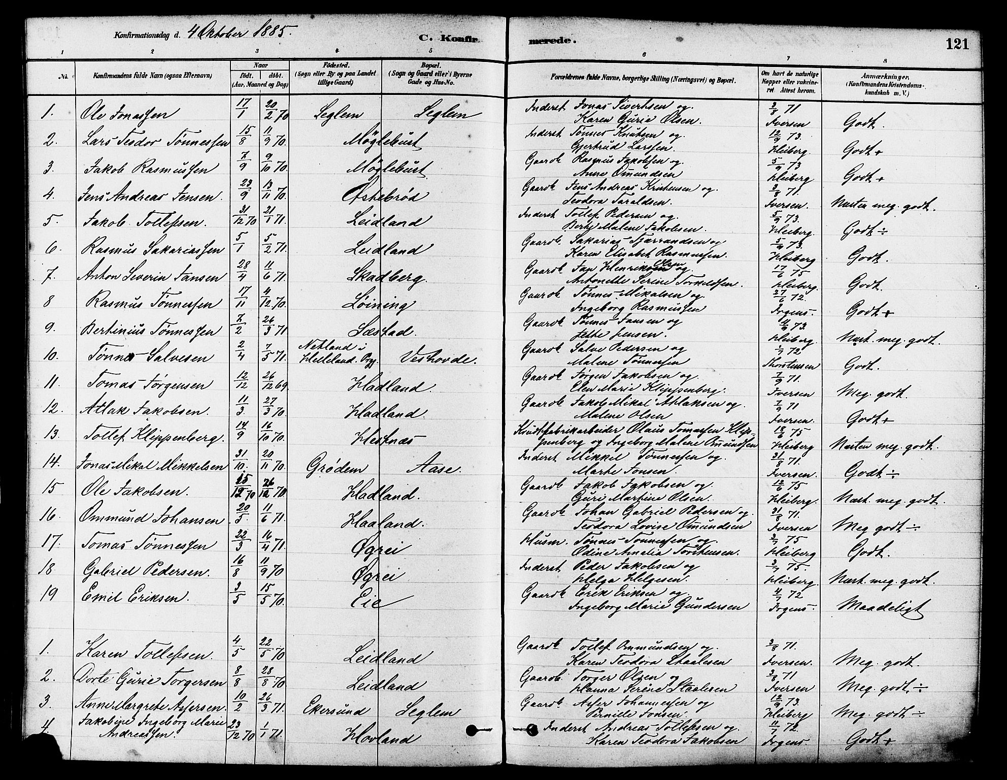 Eigersund sokneprestkontor, SAST/A-101807/S08/L0017: Parish register (official) no. A 14, 1879-1892, p. 121