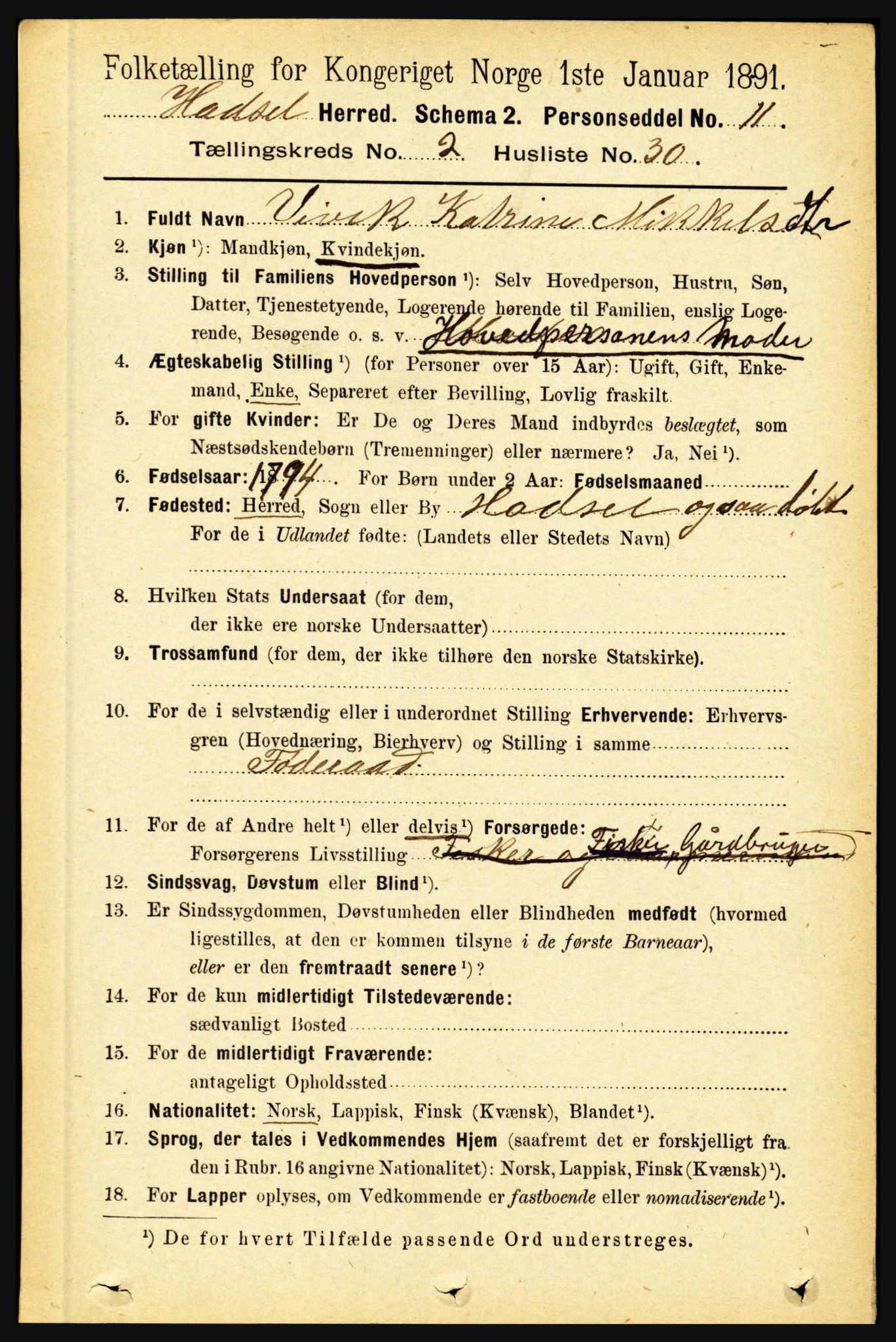 RA, 1891 census for 1866 Hadsel, 1891, p. 850