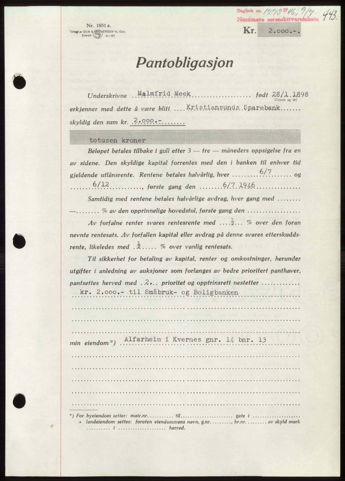 Nordmøre sorenskriveri, AV/SAT-A-4132/1/2/2Ca: Mortgage book no. B94, 1946-1946, Diary no: : 1273/1946