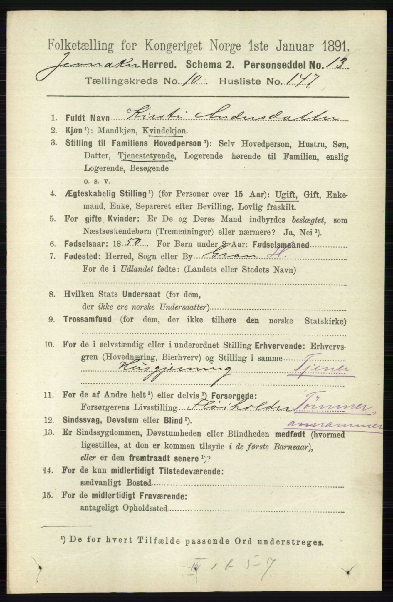 RA, 1891 census for 0532 Jevnaker, 1891, p. 6786