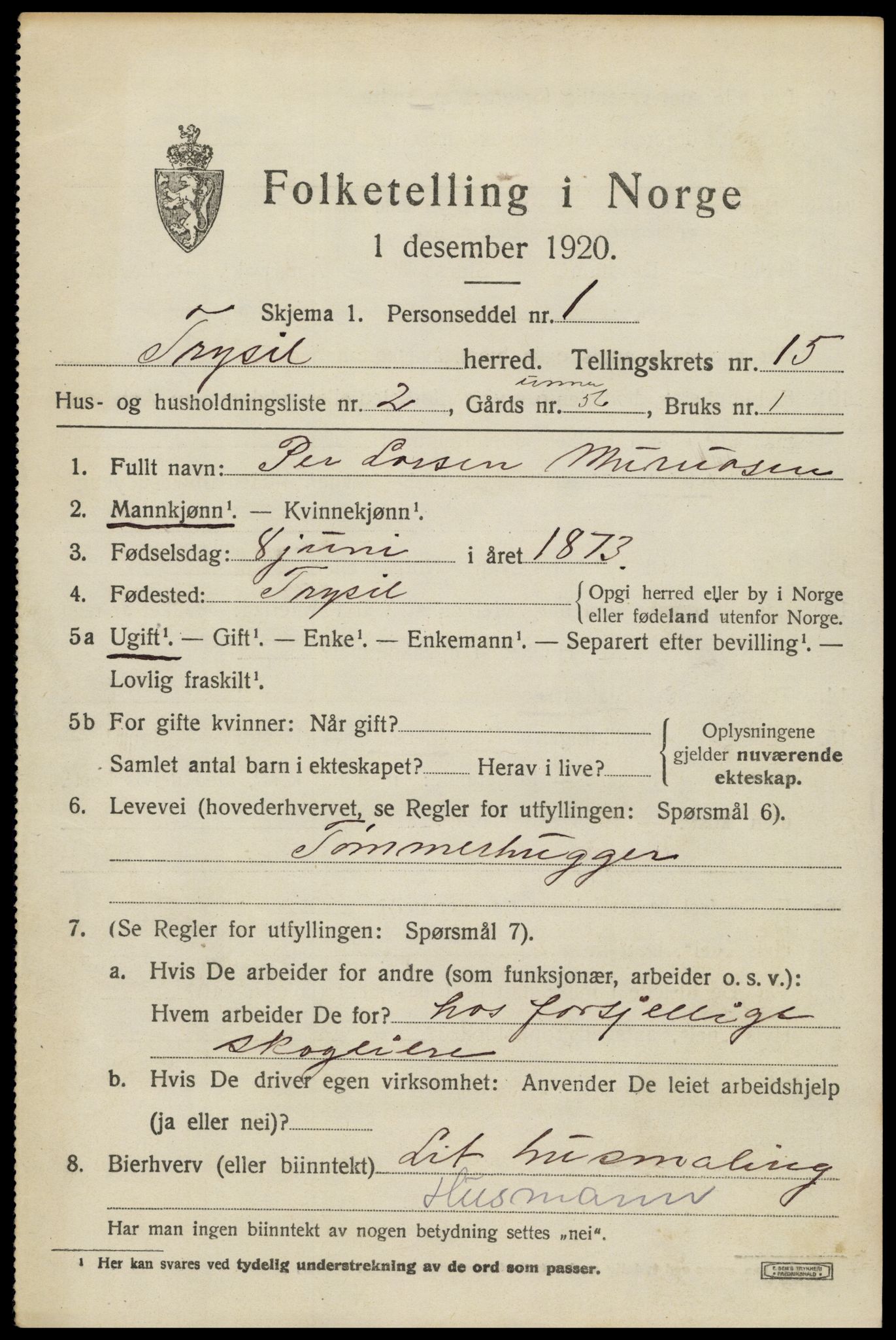 SAH, 1920 census for Trysil, 1920, p. 8797