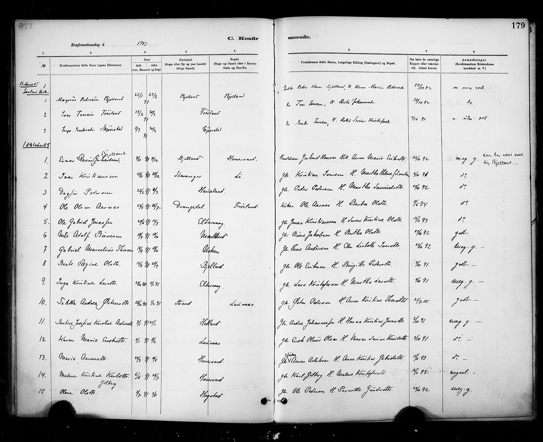 Hetland sokneprestkontor, SAST/A-101826/30/30BA/L0010: Parish register (official) no. A 10, 1882-1925, p. 179