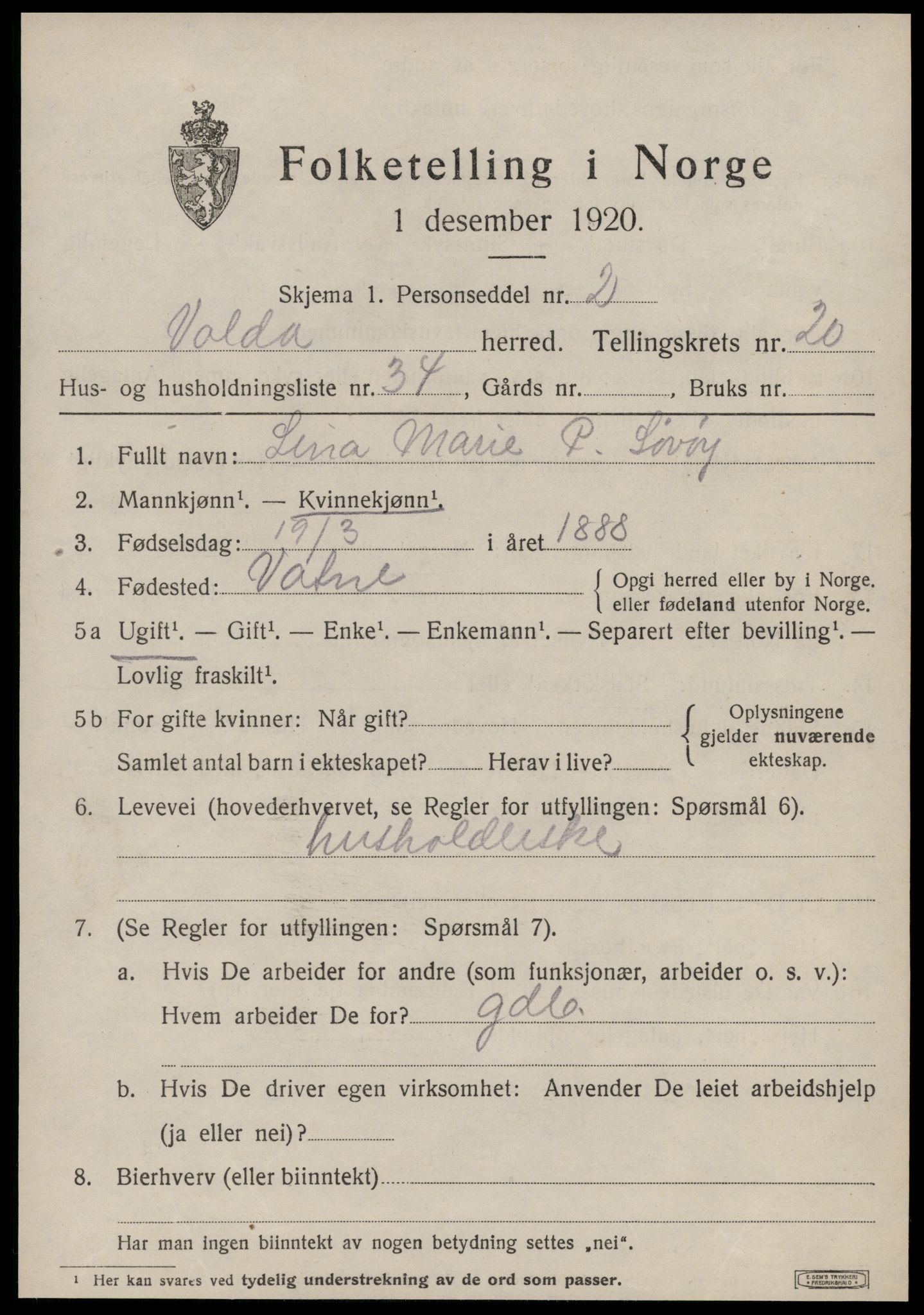 SAT, 1920 census for Volda, 1920, p. 10920