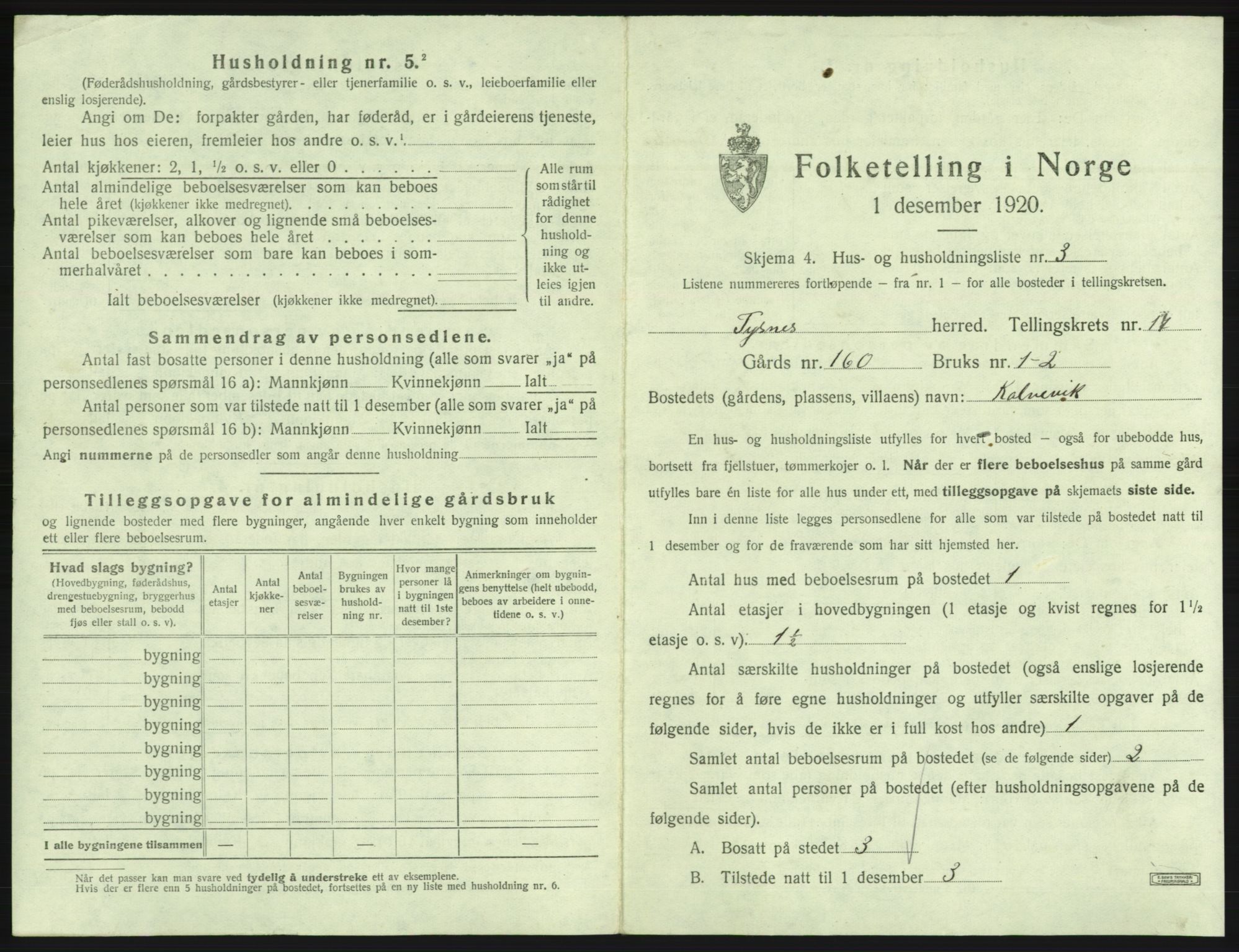 SAB, 1920 census for Tysnes, 1920, p. 1602