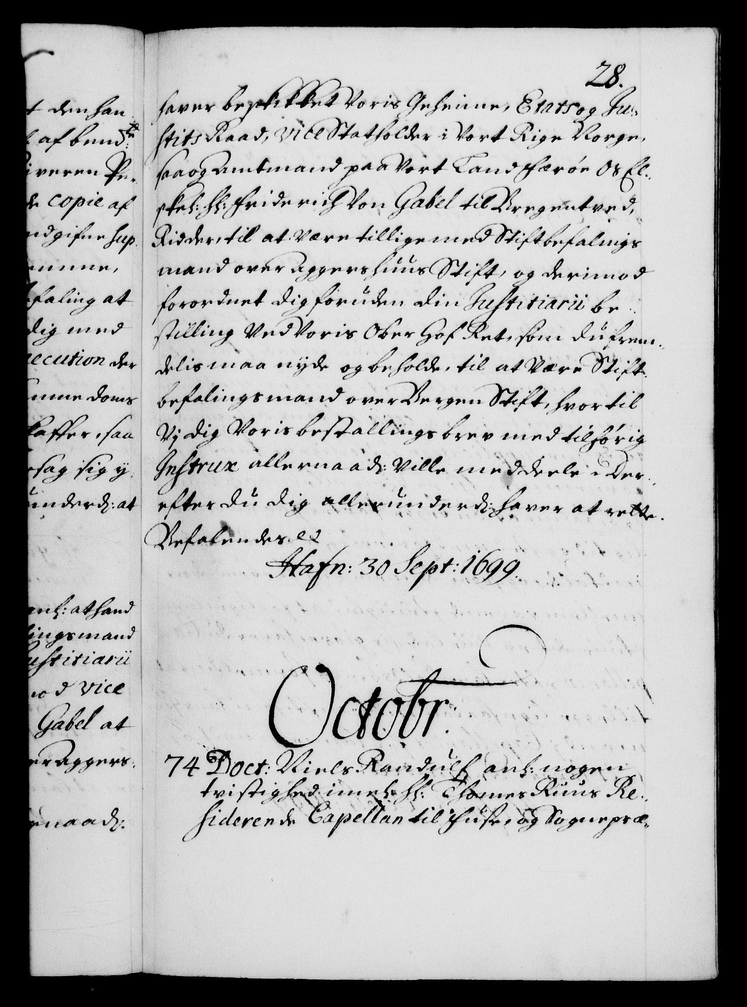 Danske Kanselli 1572-1799, AV/RA-EA-3023/F/Fc/Fca/Fcab/L0016: Norske tegnelser, 1699-1703, p. 28a