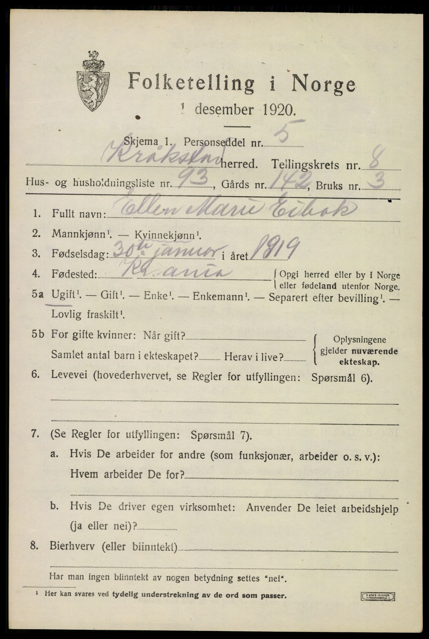 SAO, 1920 census for Kråkstad, 1920, p. 9587