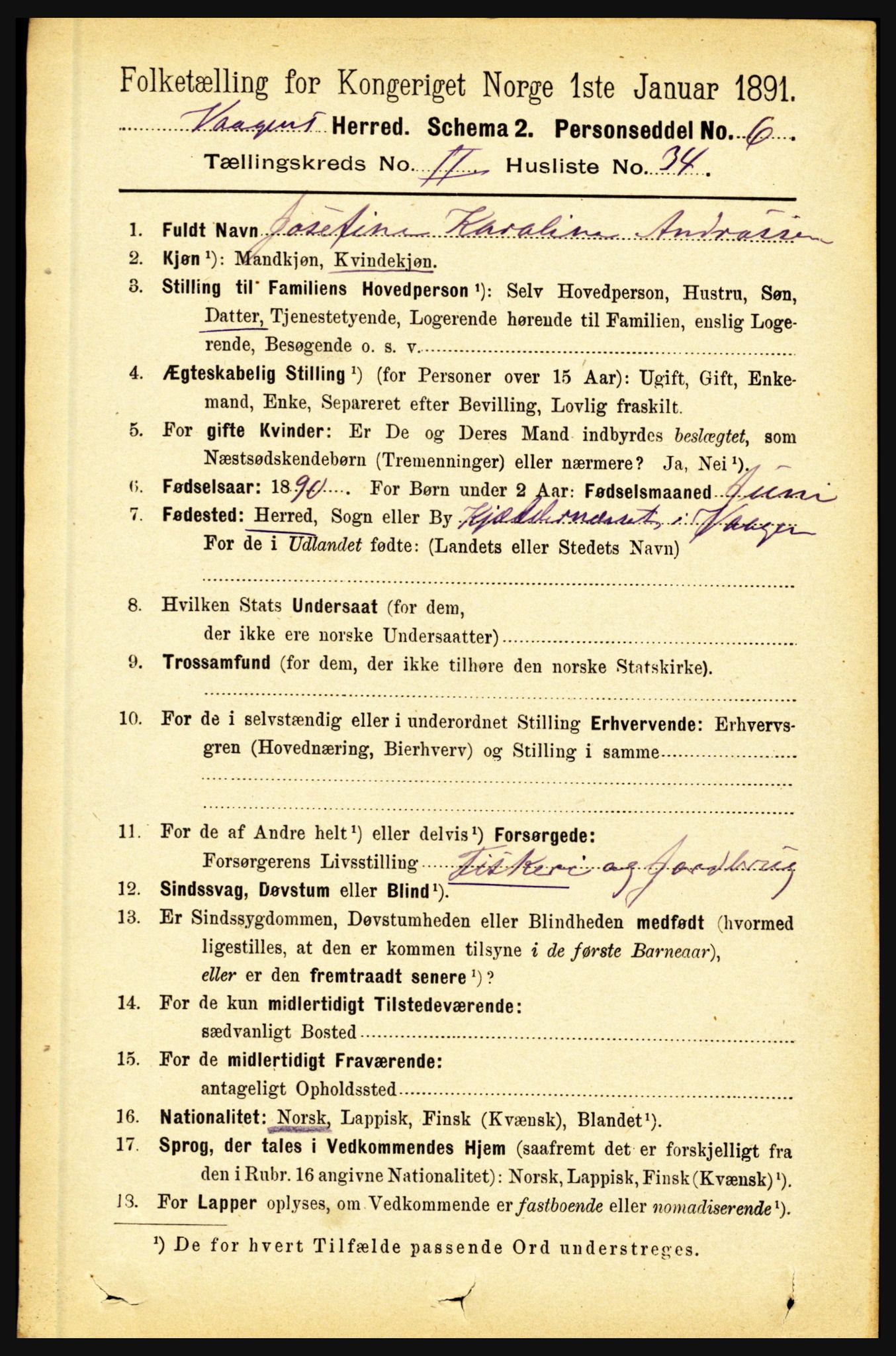 RA, 1891 census for 1865 Vågan, 1891, p. 650