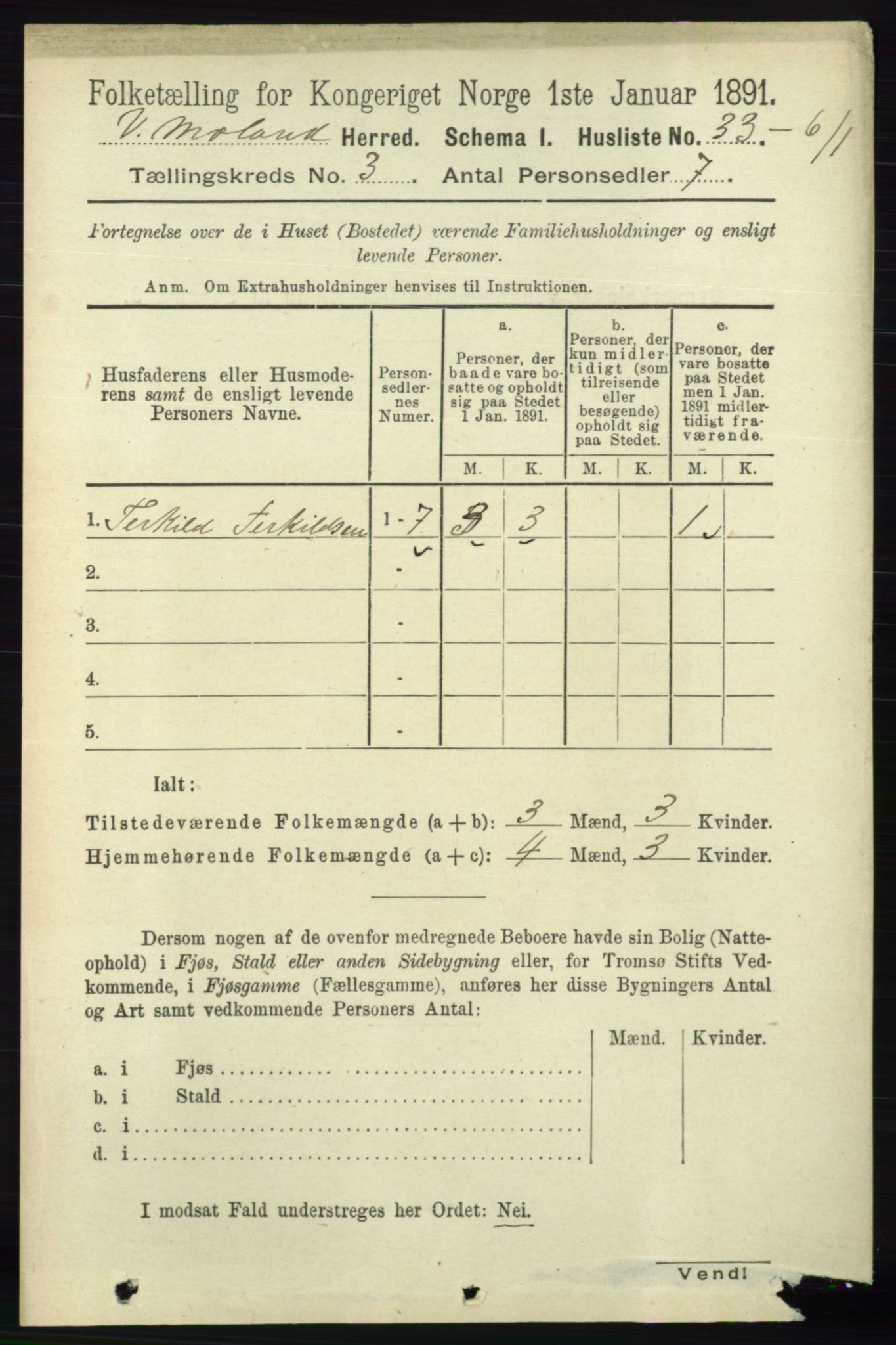 RA, 1891 census for 0926 Vestre Moland, 1891, p. 954