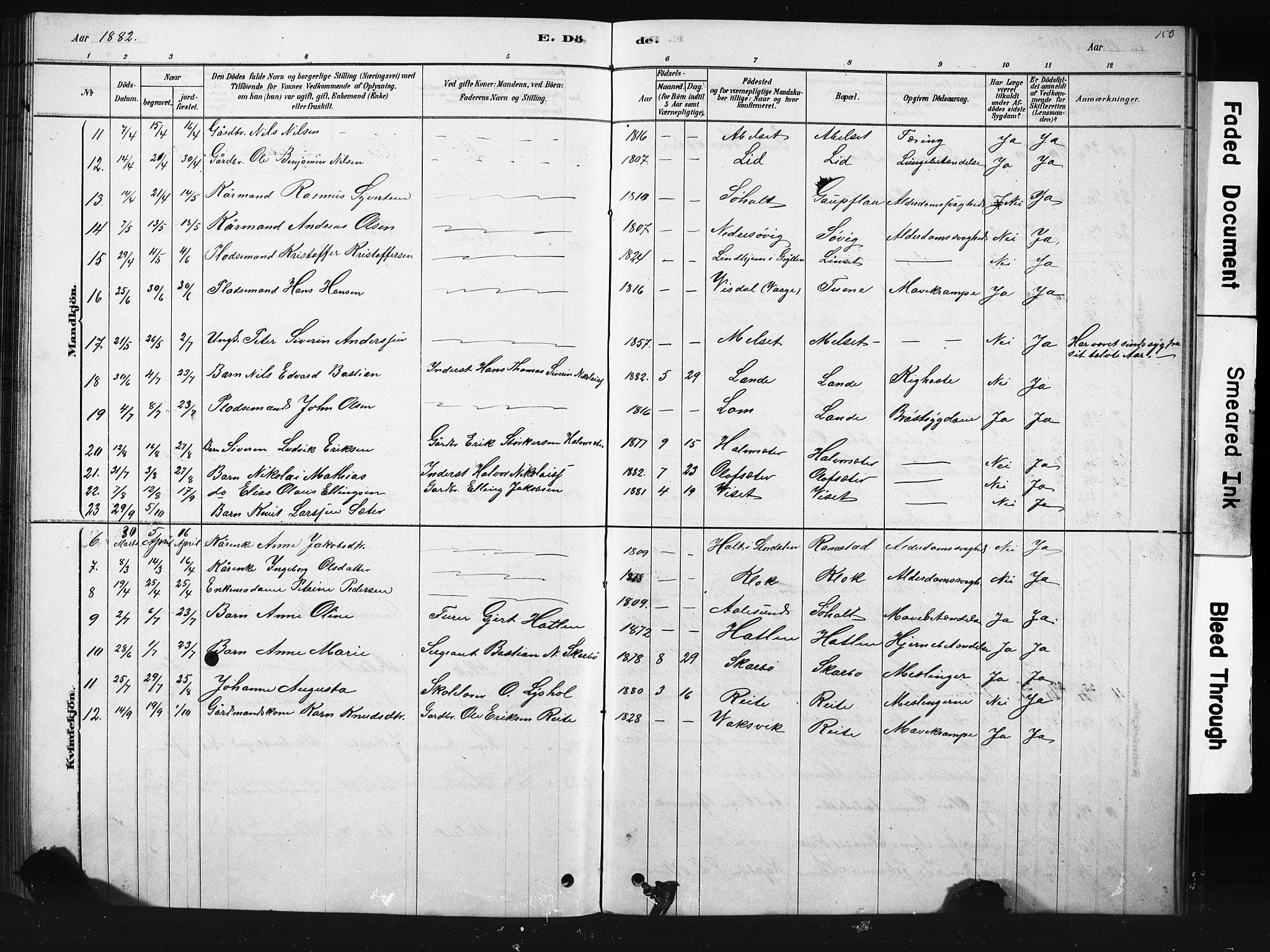 Ministerialprotokoller, klokkerbøker og fødselsregistre - Møre og Romsdal, SAT/A-1454/522/L0326: Parish register (copy) no. 522C05, 1878-1890, p. 153
