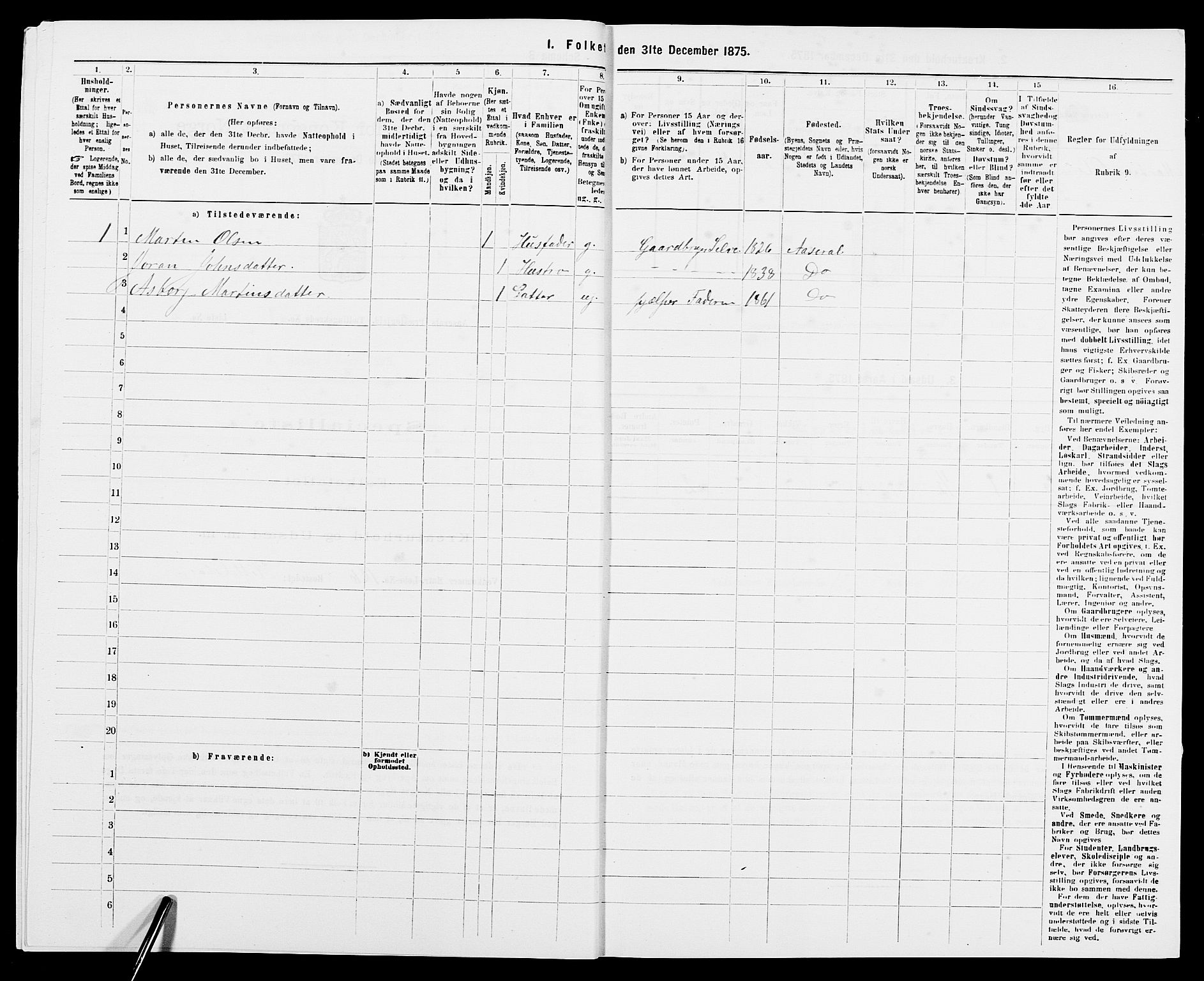 SAK, 1875 census for 0980P Åseral, 1875, p. 352