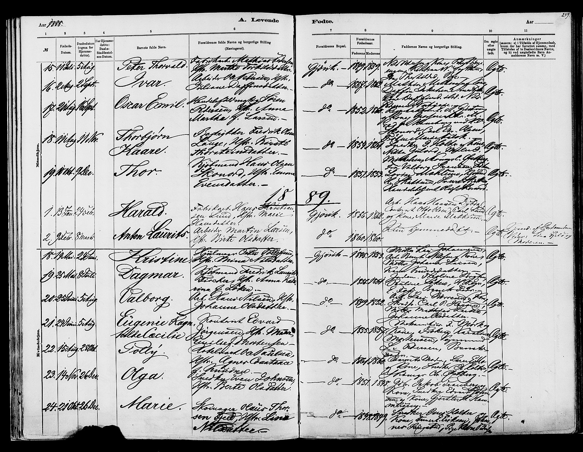 Vardal prestekontor, SAH/PREST-100/H/Ha/Haa/L0008: Parish register (official) no. 8, 1878-1890, p. 249