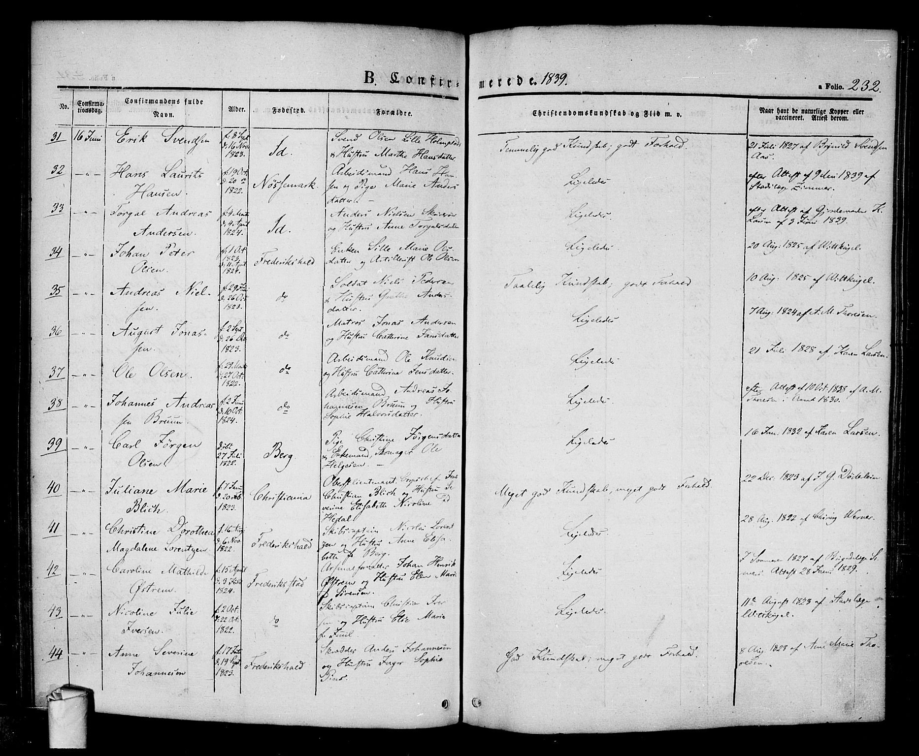 Halden prestekontor Kirkebøker, SAO/A-10909/F/Fa/L0005: Parish register (official) no. I 5, 1834-1845, p. 232