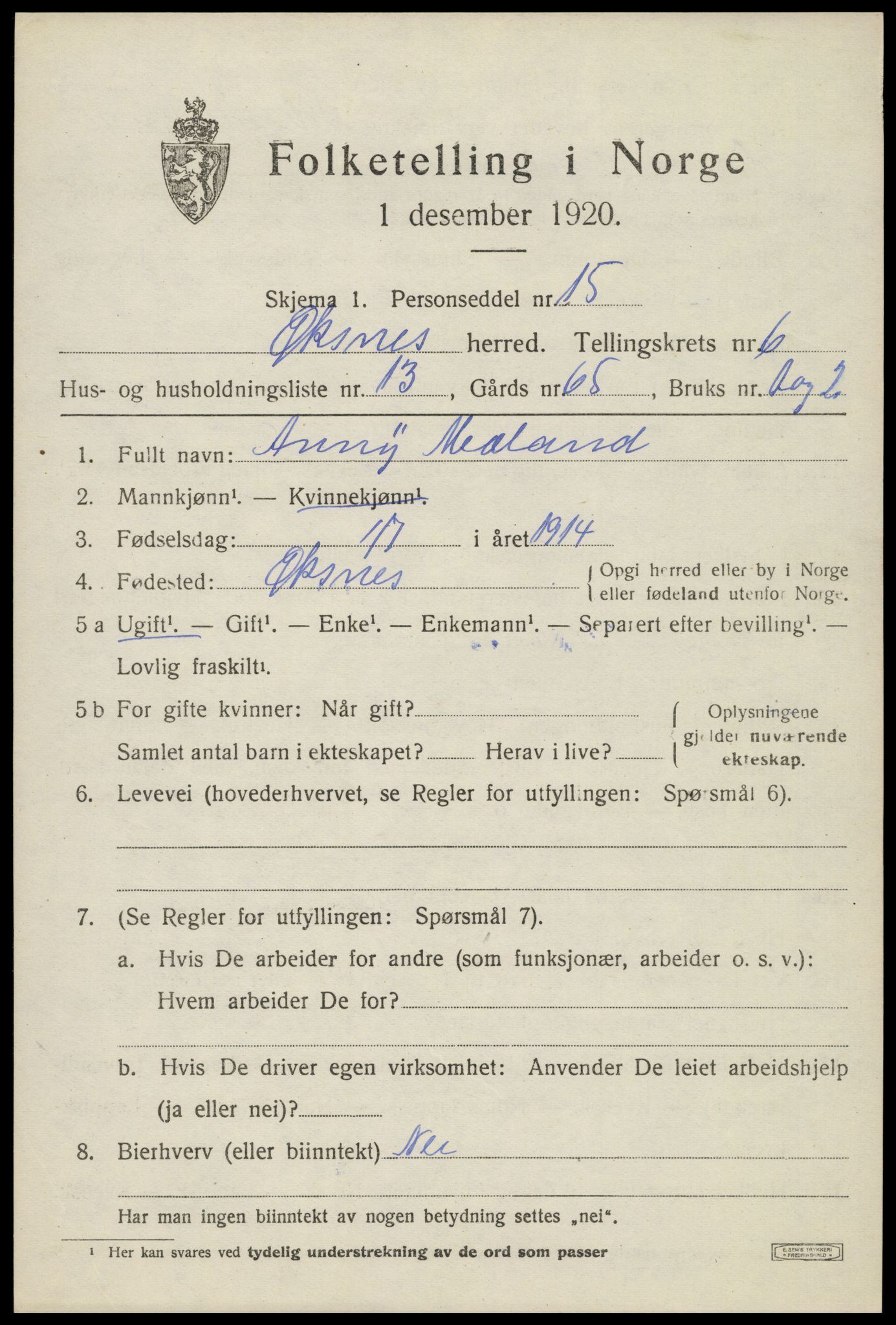 SAT, 1920 census for Øksnes, 1920, p. 5086