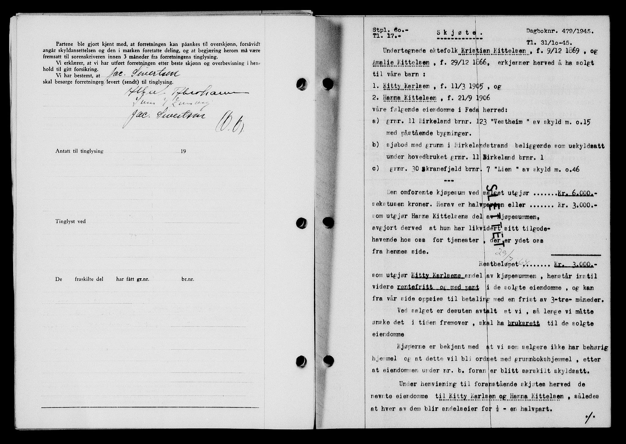Flekkefjord sorenskriveri, SAK/1221-0001/G/Gb/Gba/L0060: Mortgage book no. A-8, 1945-1946, Diary no: : 479/1945