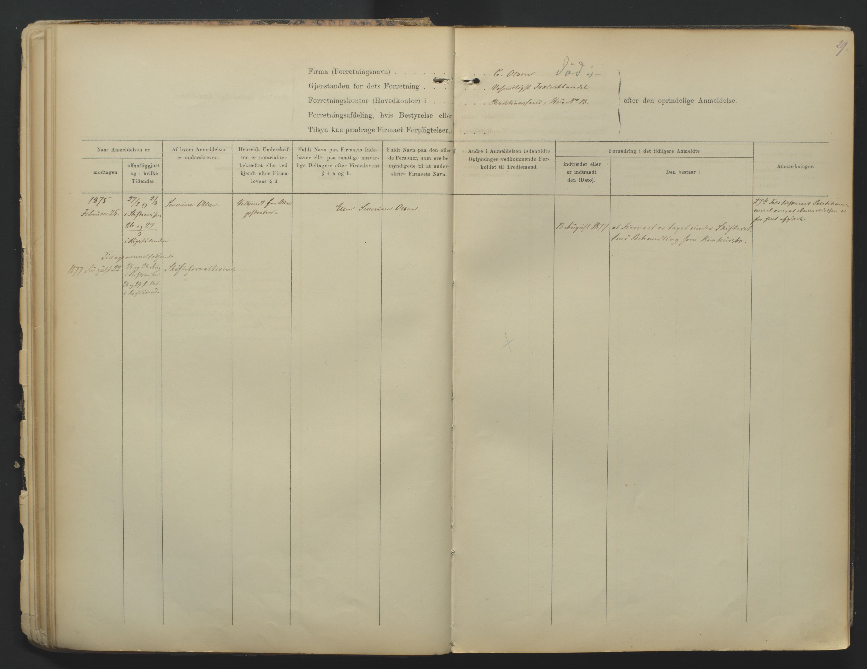 Kristiansand byrett, SAK/1223-0001/K/Kb/L0001: Firmaregister A, med register, 1874-1890, p. 29