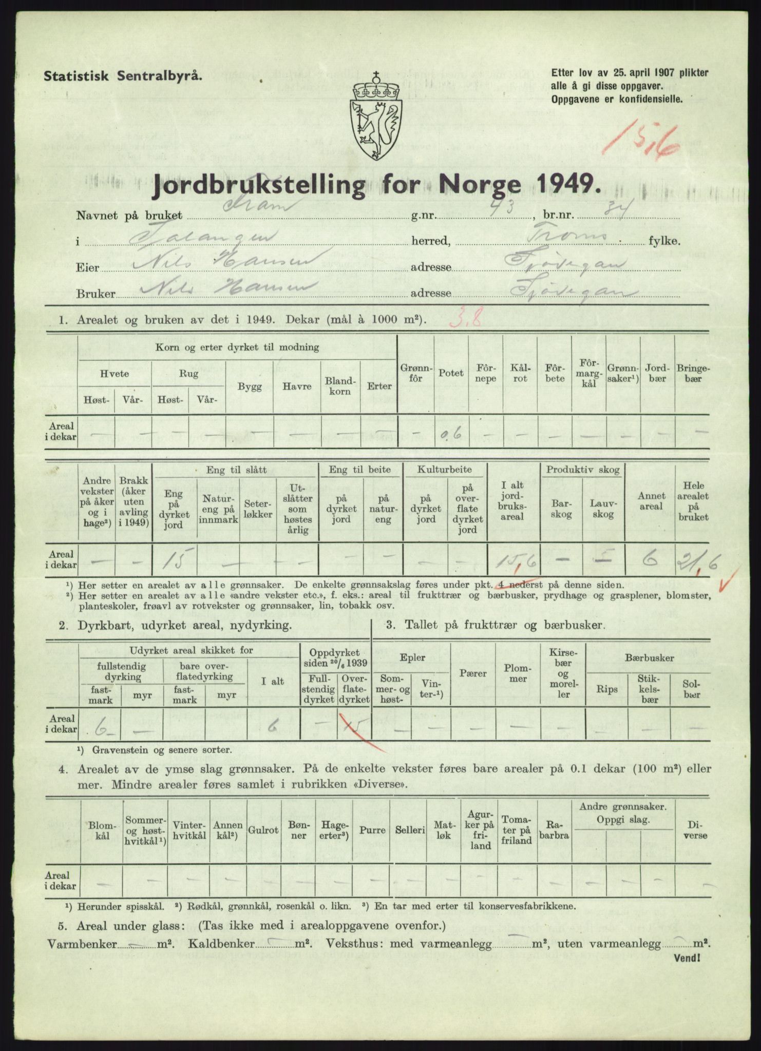 Statistisk sentralbyrå, Næringsøkonomiske emner, Jordbruk, skogbruk, jakt, fiske og fangst, AV/RA-S-2234/G/Gc/L0438: Troms: Salangen og Bardu, 1949, p. 377
