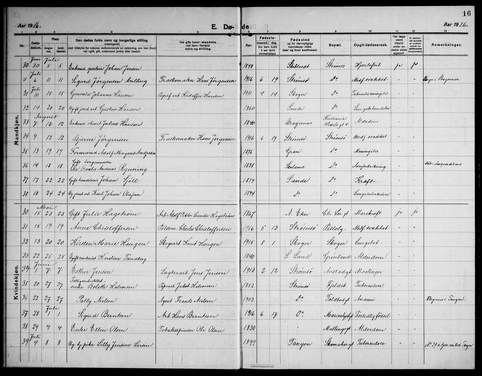 Strømsø kirkebøker, AV/SAKO-A-246/F/Fa/L0028: Parish register (official) no. I 29, 1914-1937, p. 16