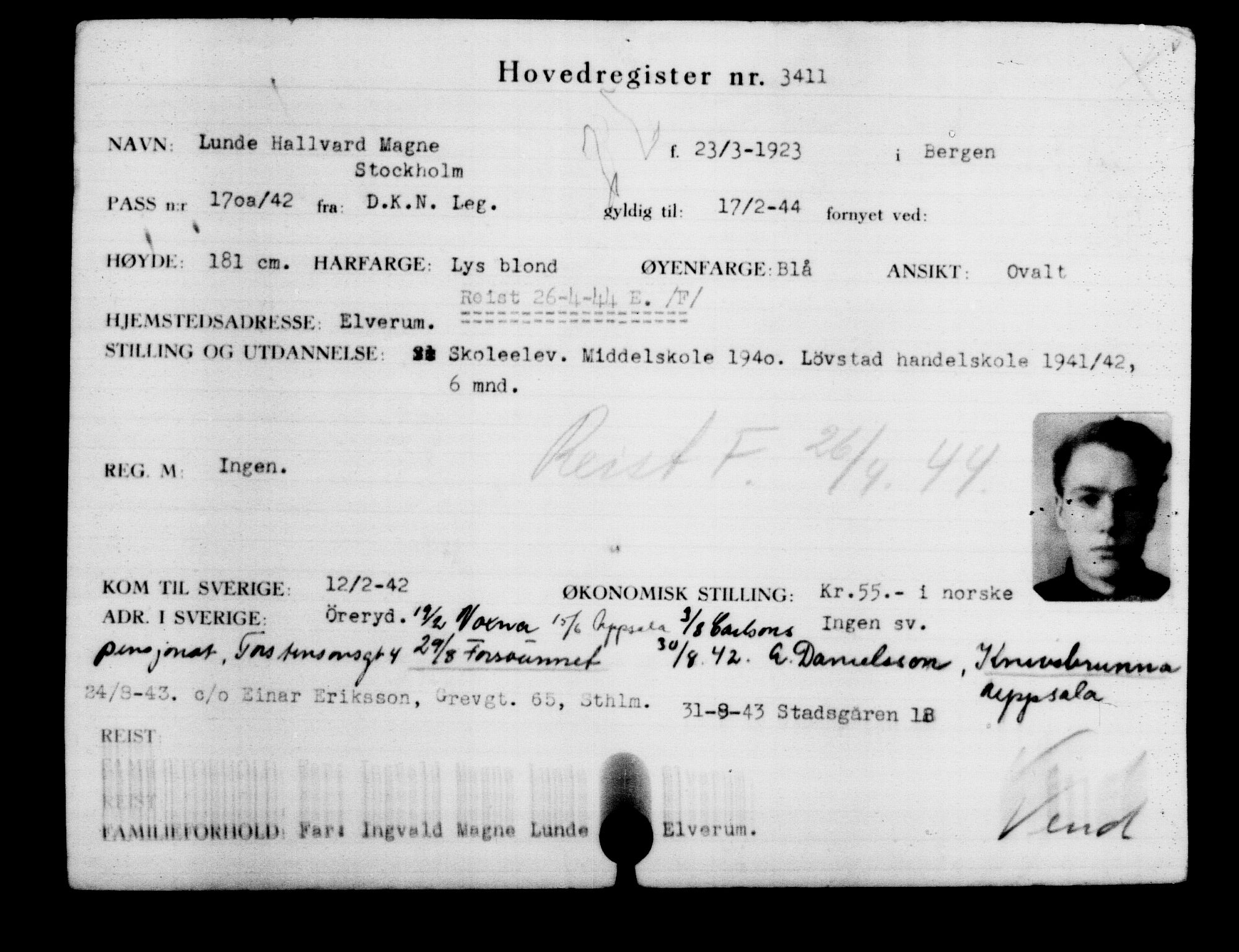 Utenriksstasjonene, Legasjonen i Stockholm, Flyktningkontoret, AV/RA-S-6753/V/Va/L0003: Kjesäterkartoteket, flyktninger med registreringsnr. 2001-3495, 1940-1945, p. 1912