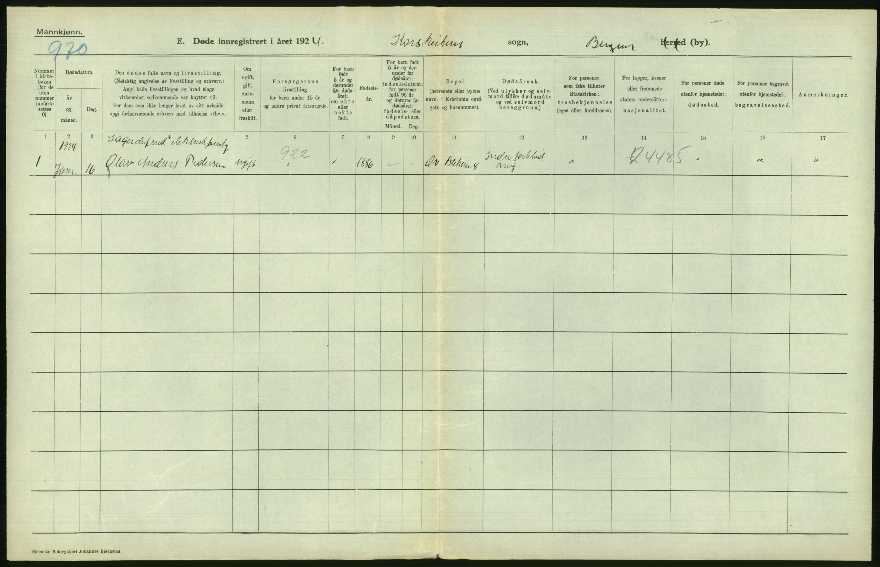 Statistisk sentralbyrå, Sosiodemografiske emner, Befolkning, RA/S-2228/D/Df/Dfc/Dfcd/L0028: Bergen: Gifte, døde., 1924, p. 386