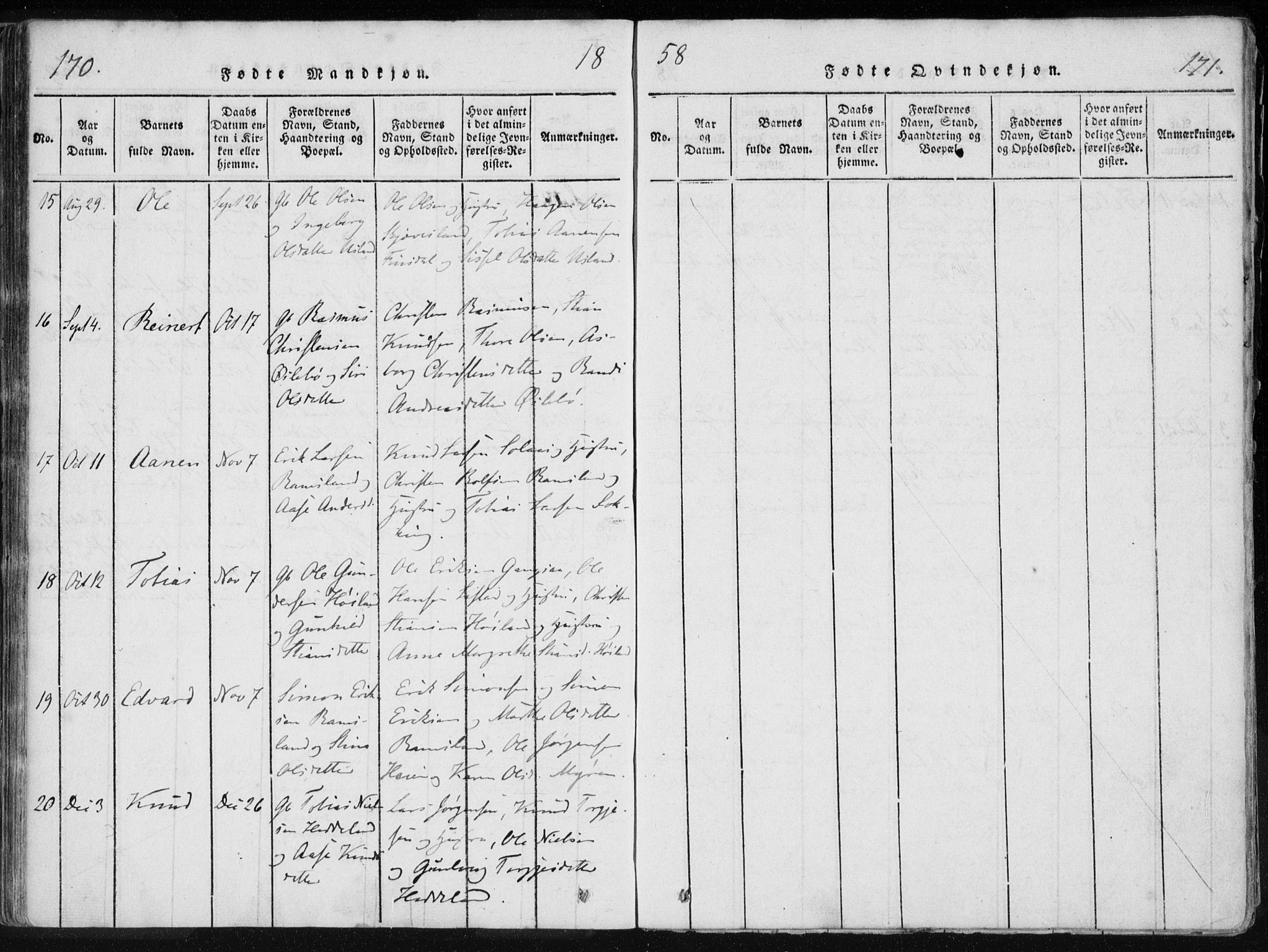 Holum sokneprestkontor, AV/SAK-1111-0022/F/Fa/Fac/L0002: Parish register (official) no. A 2, 1821-1859, p. 170-171