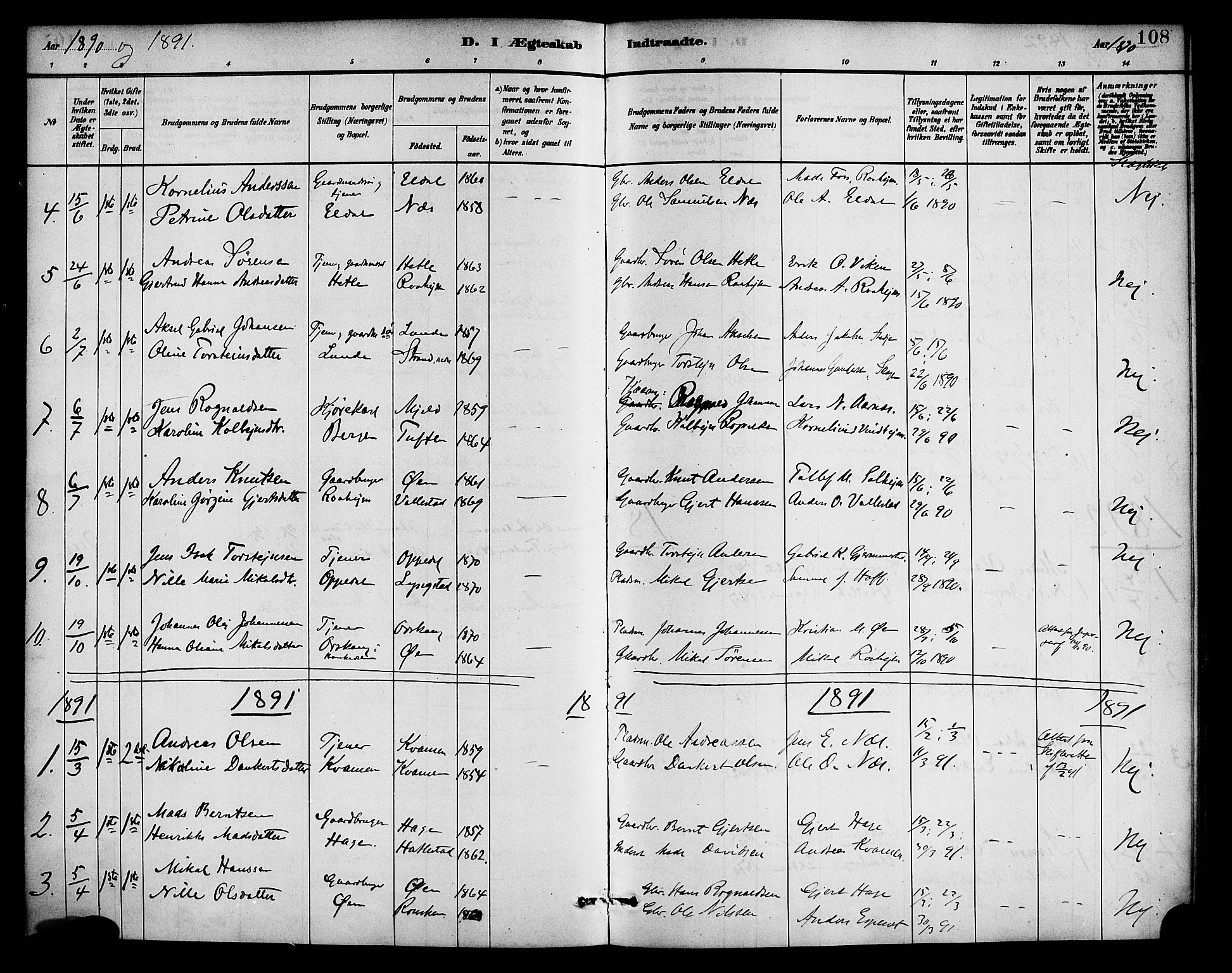 Gaular sokneprestembete, AV/SAB-A-80001/H/Haa: Parish register (official) no. D 1, 1882-1899, p. 108