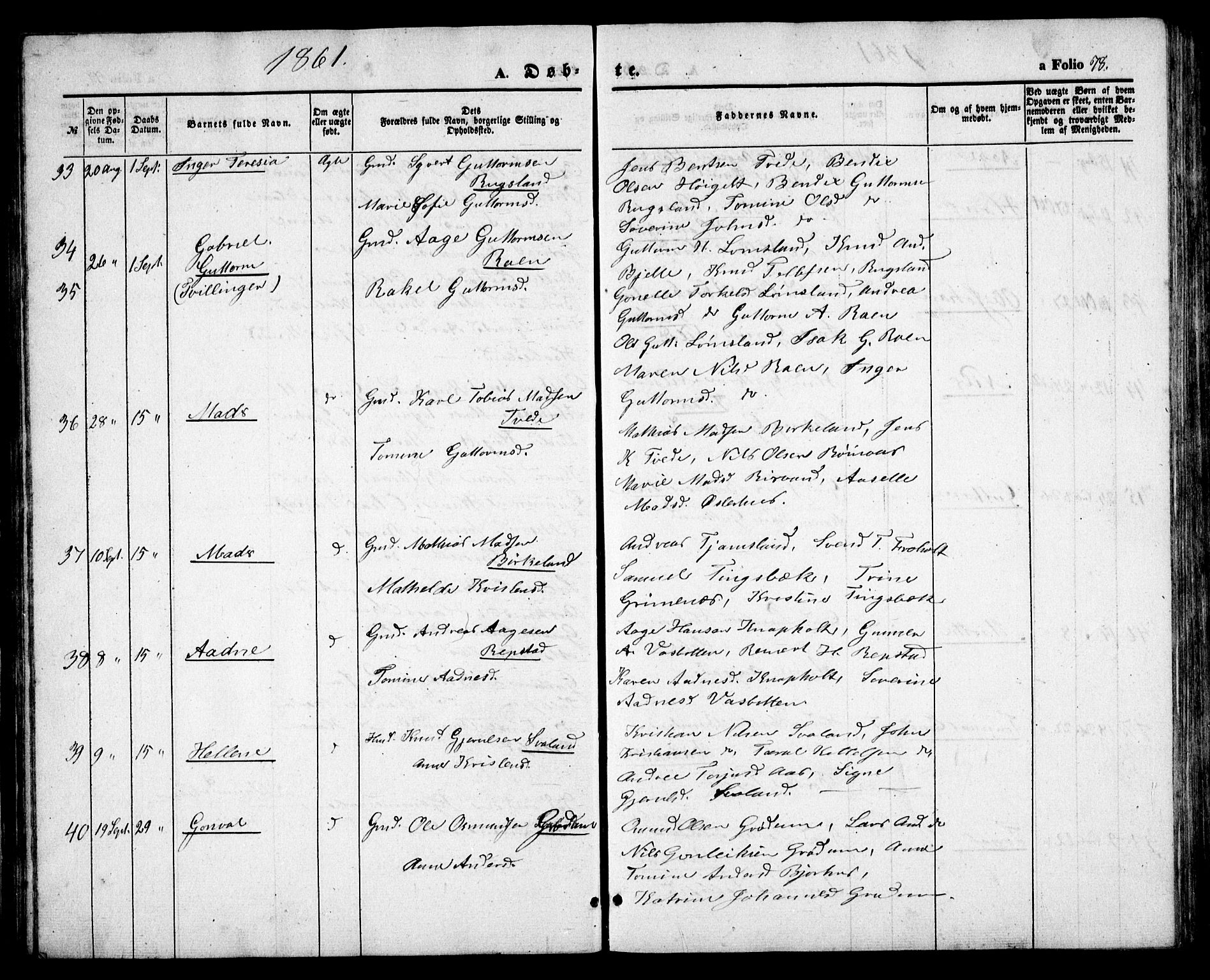 Birkenes sokneprestkontor, AV/SAK-1111-0004/F/Fb/L0002: Parish register (copy) no. B 2, 1849-1876, p. 78