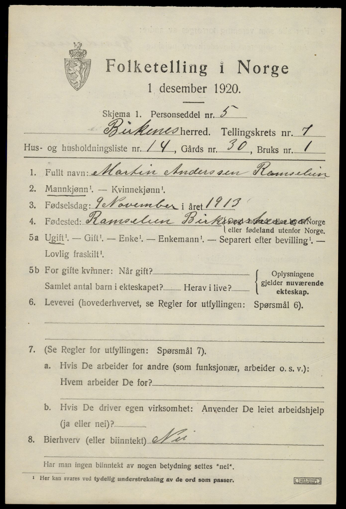 SAK, 1920 census for Birkenes, 1920, p. 4115