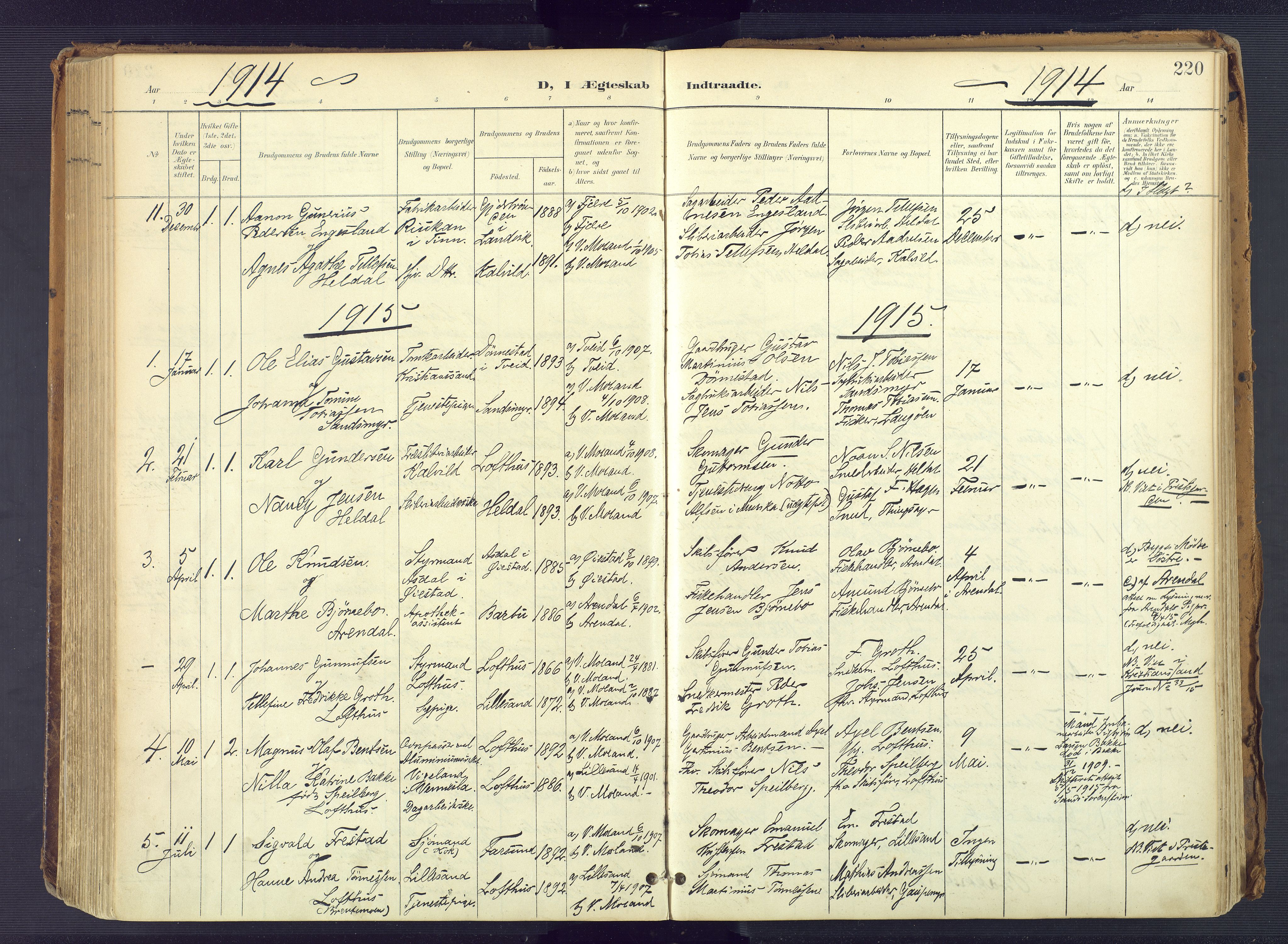 Vestre Moland sokneprestkontor, SAK/1111-0046/F/Fa/Fab/L0010: Parish register (official) no. A 10, 1900-1926, p. 220