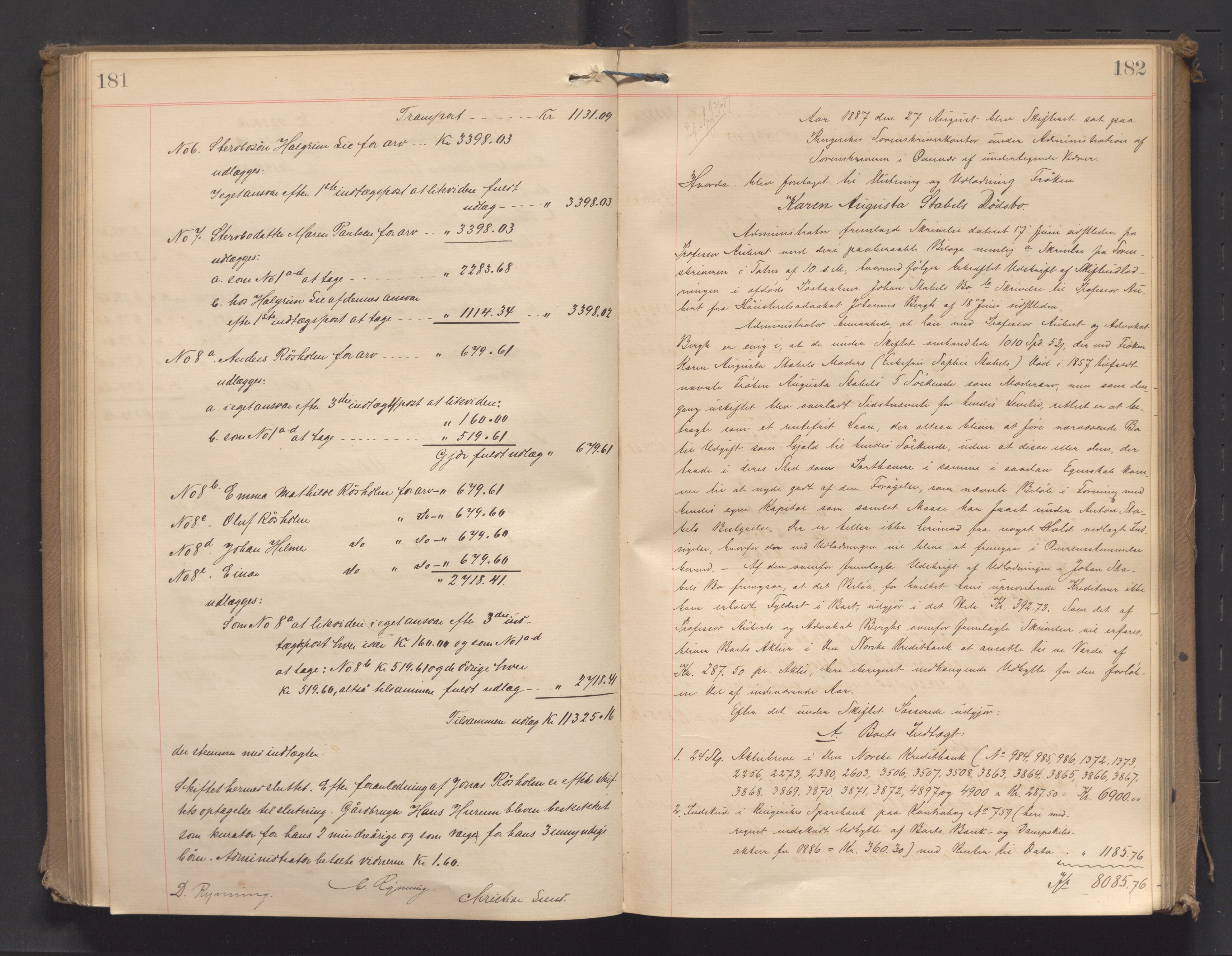 Ringerike sorenskriveri, AV/SAKO-A-105/H/Hb/Hbd/Hbda/L0009: Skifteutlodningsprotokoll, 1883-1889, p. 181-182