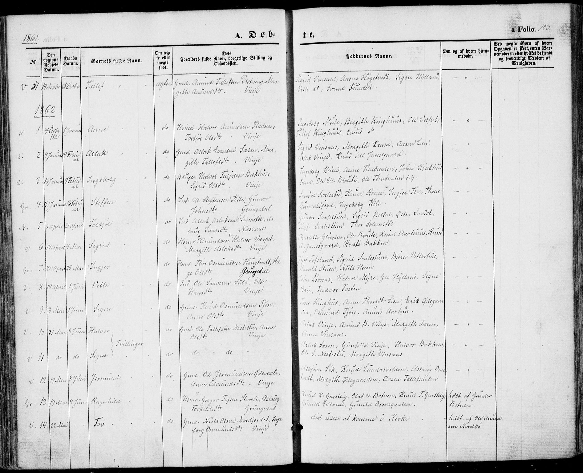 Vinje kirkebøker, AV/SAKO-A-312/F/Fa/L0004: Parish register (official) no. I 4, 1843-1869, p. 103