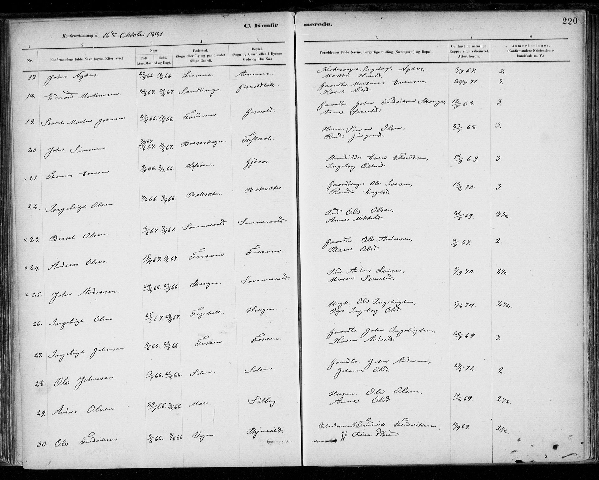 Ministerialprotokoller, klokkerbøker og fødselsregistre - Sør-Trøndelag, SAT/A-1456/668/L0809: Parish register (official) no. 668A09, 1881-1895, p. 220