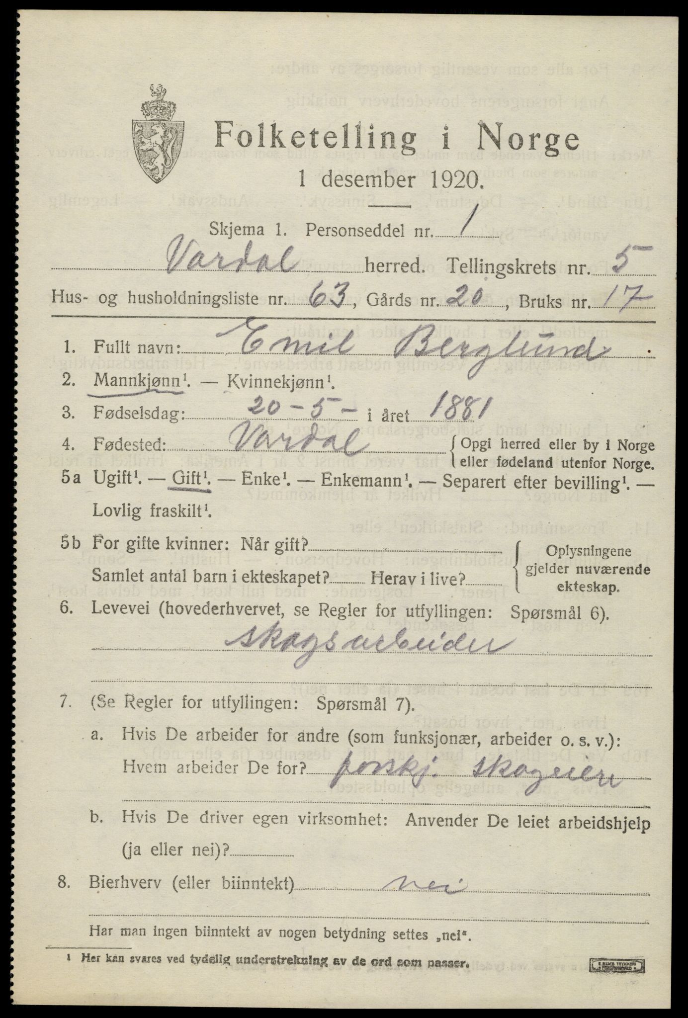 SAH, 1920 census for Vardal, 1920, p. 3847