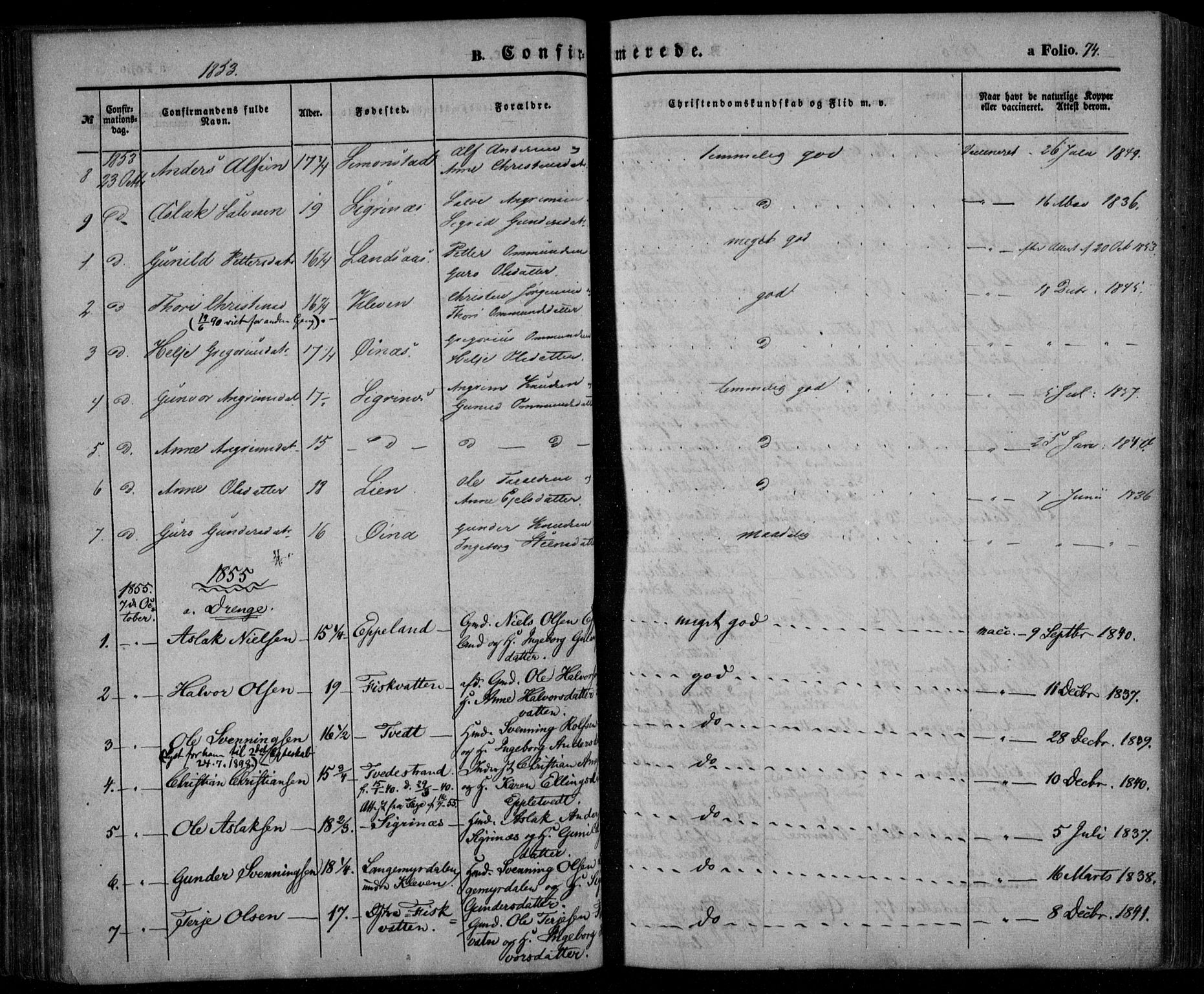 Åmli sokneprestkontor, AV/SAK-1111-0050/F/Fa/Fac/L0008: Parish register (official) no. A 8, 1852-1869, p. 74