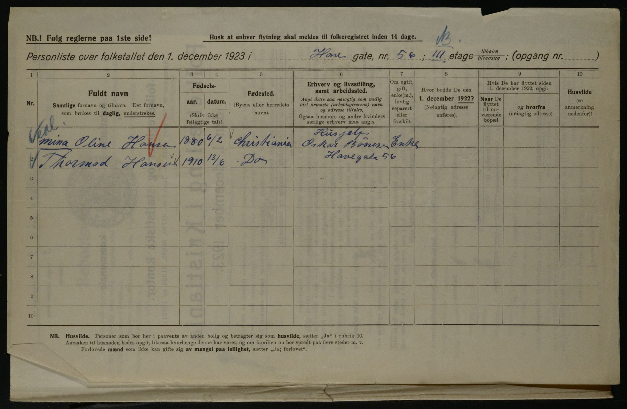 OBA, Municipal Census 1923 for Kristiania, 1923, p. 38052