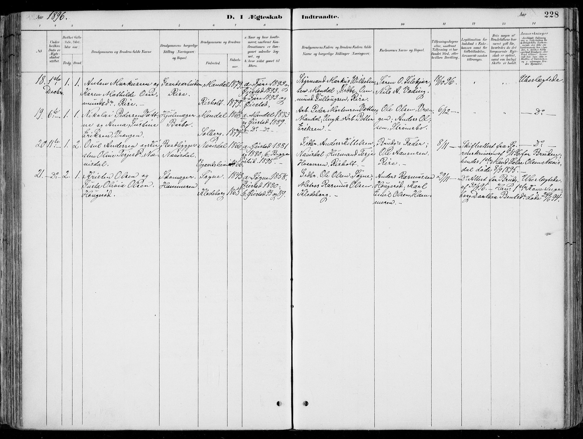 Øyestad sokneprestkontor, AV/SAK-1111-0049/F/Fa/L0017: Parish register (official) no. A 17, 1887-1896, p. 228